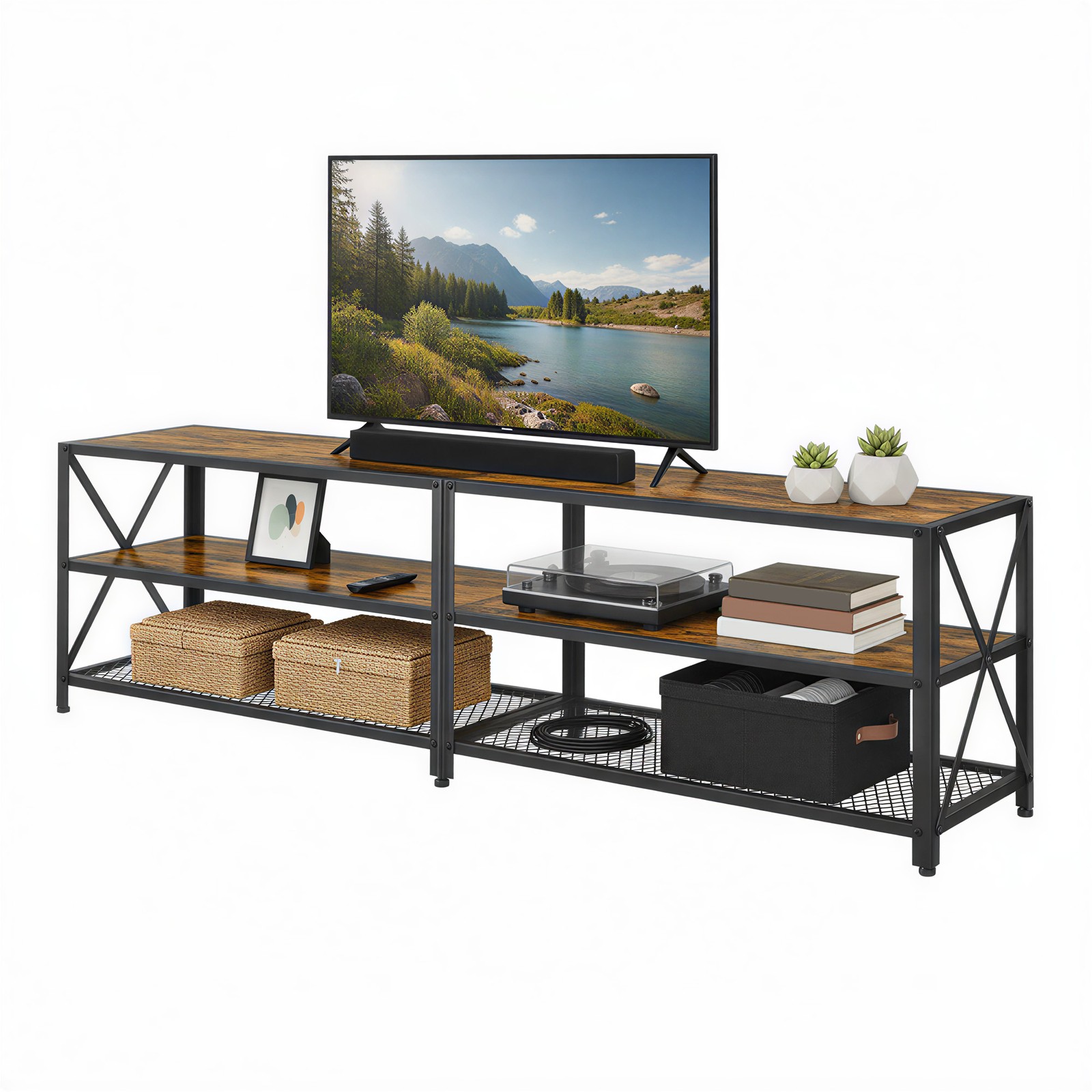 VASAGLE TV Cabinet, TV Stand, Lowboard for TVs up to 75 inches, TV Cabinet with Shelves, Steel Frame, TV Shelf for Living Room, Bedroom, Vintage Brown-Black