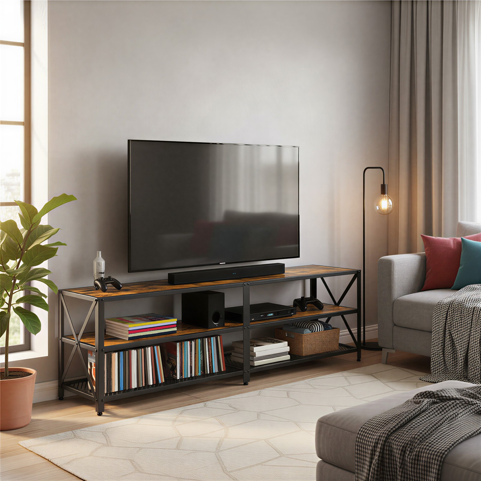 VASAGLE TV Cabinet, TV Stand, Lowboard for TVs up to 75 inches, TV Cabinet with Shelves, Steel Frame, TV Shelf for Living Room, Bedroom, Vintage Brown-Black - Image 5