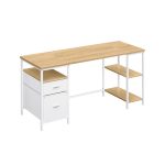 Computer desk with 3 shelves and 2 drawers in natural oak and cloud white