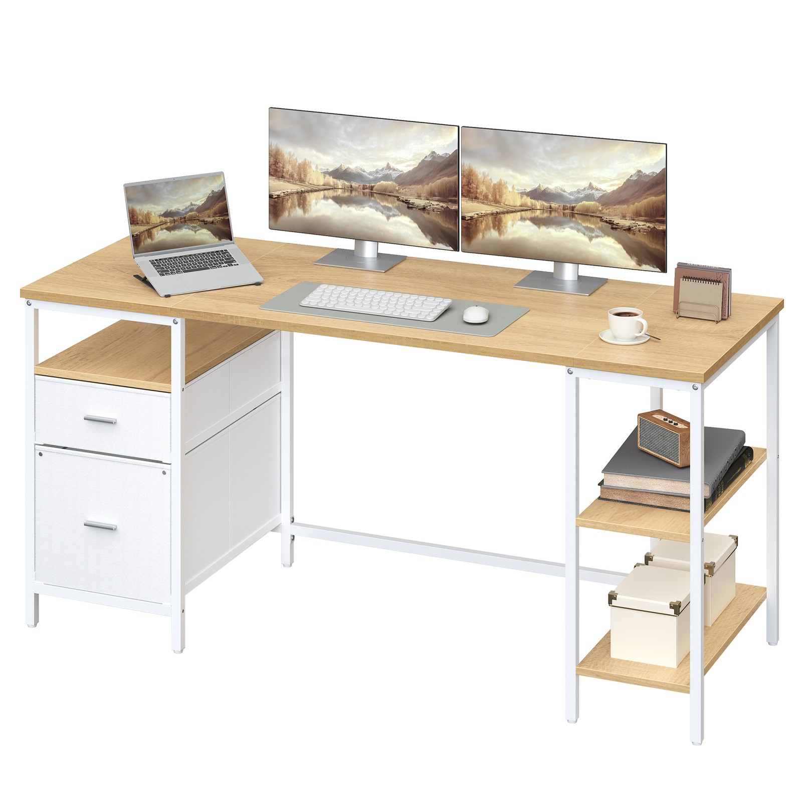 Skrivebord med 3 hylder, kontorbord med 2 skuffer, 160 x 60 x 76 cm