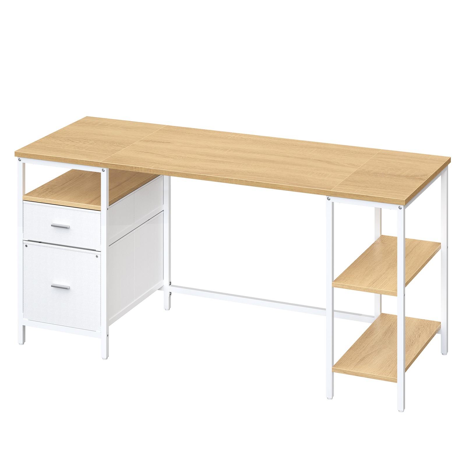 Skrivebord med 3 hylder, kontorbord med 2 skuffer, 160 x 60 x 76 cm - Billede 2