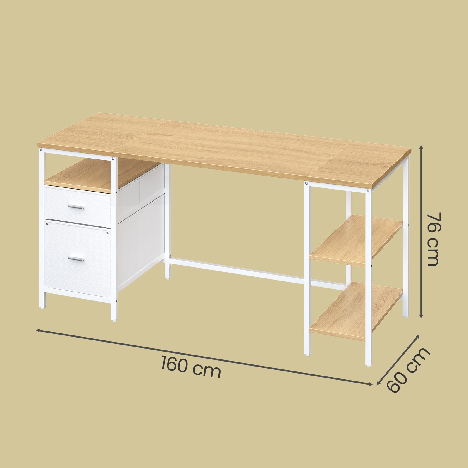 Skrivebord med 3 hylder, kontorbord med 2 skuffer, 160 x 60 x 76 cm - Billede 3