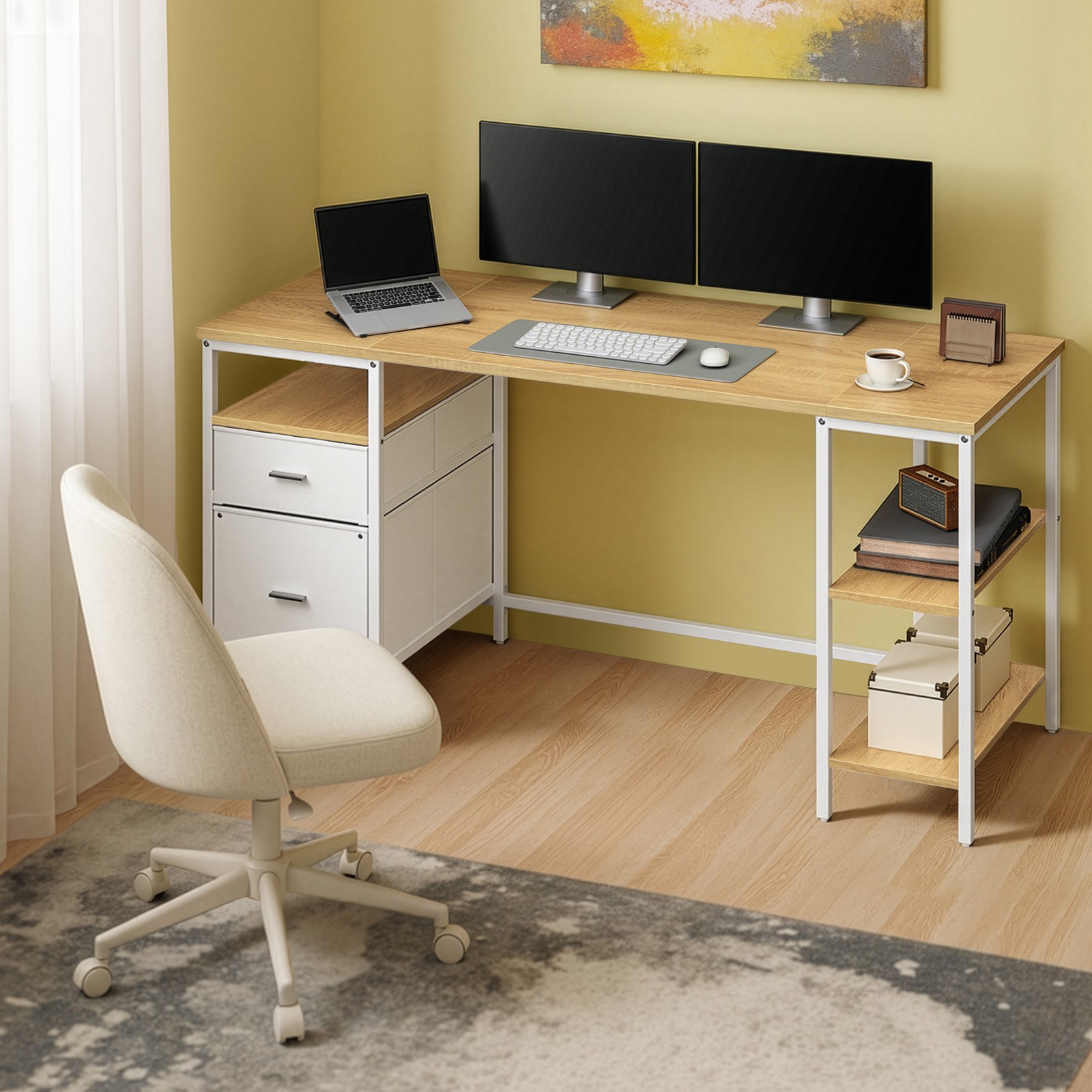 Skrivebord med 3 hylder, kontorbord med 2 skuffer, 160 x 60 x 76 cm - Billede 4