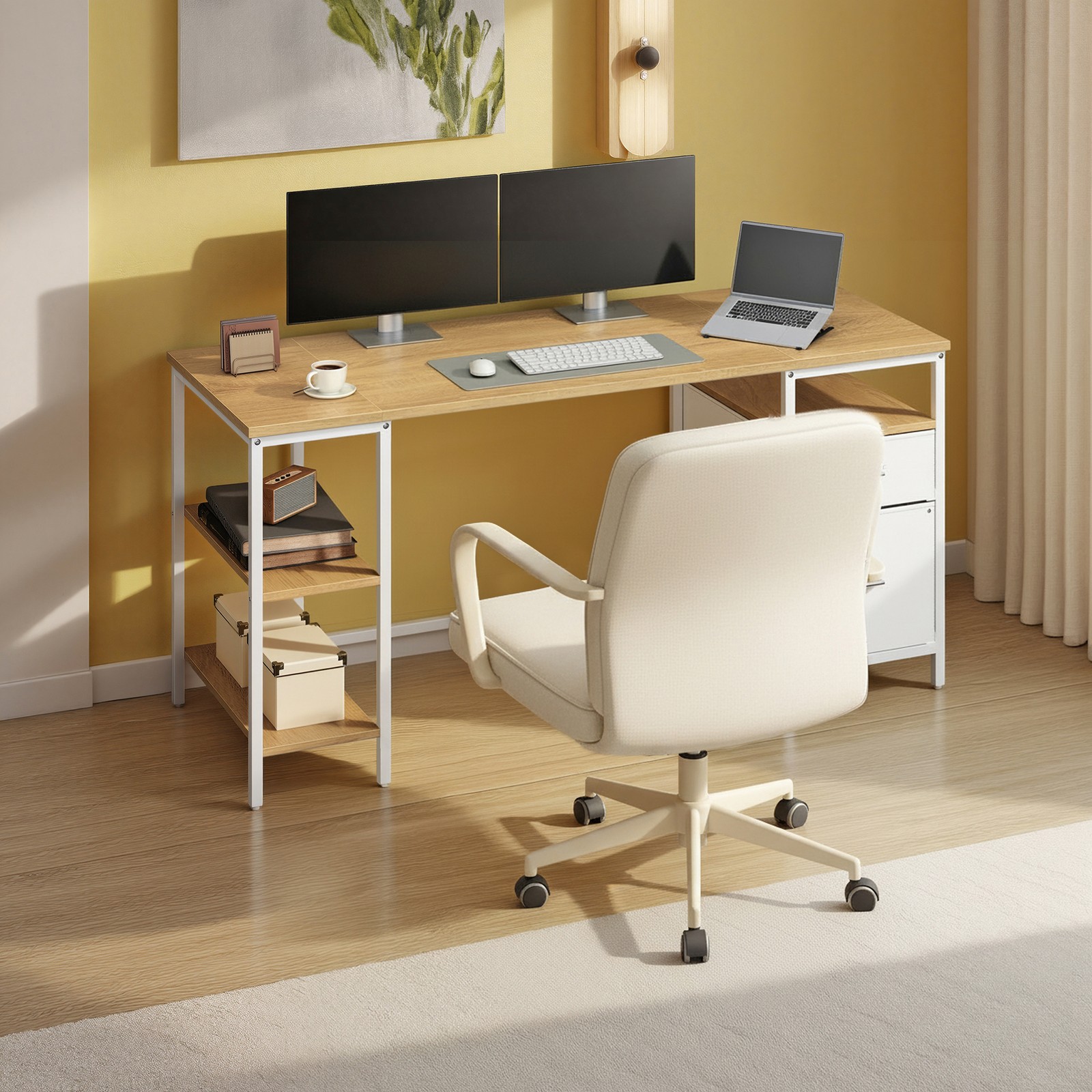 Skrivebord med 3 hylder, kontorbord med 2 skuffer, 160 x 60 x 76 cm - Billede 5