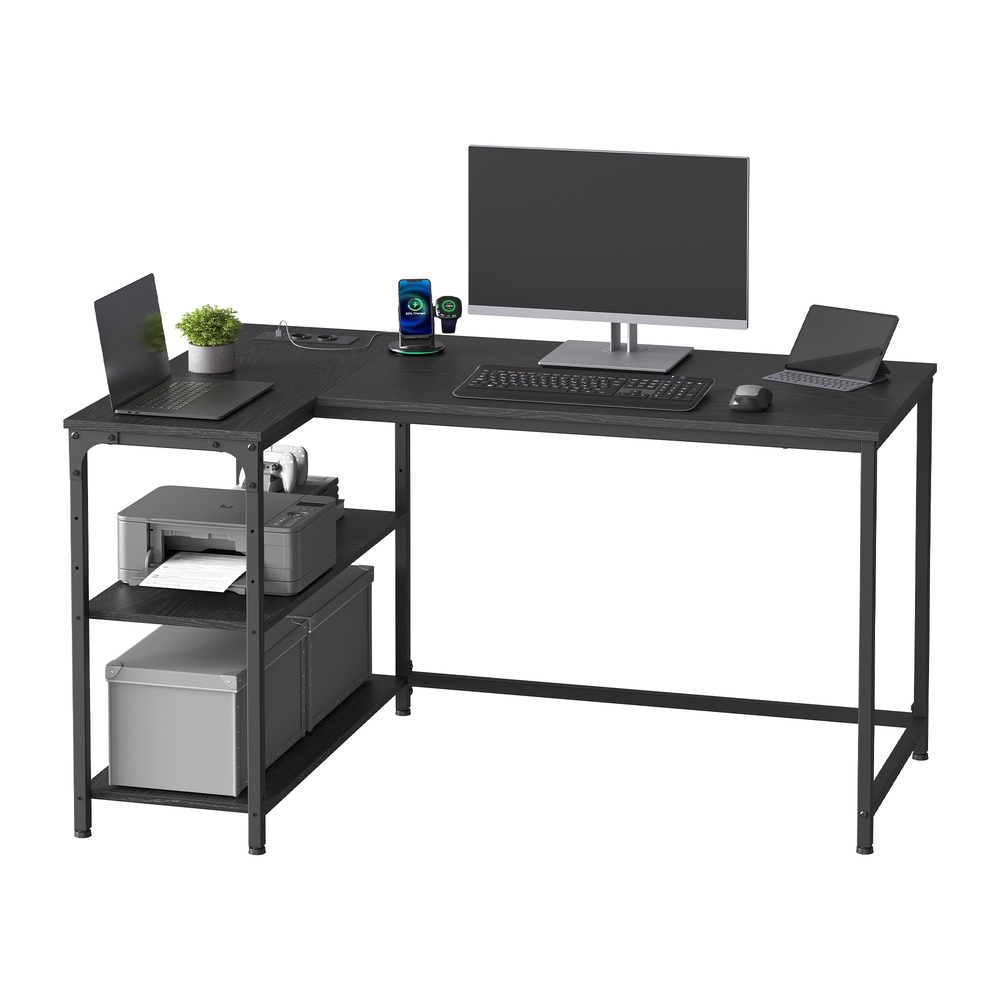 Desk with storage, L-shaped computer desk, height-adjustable shelf