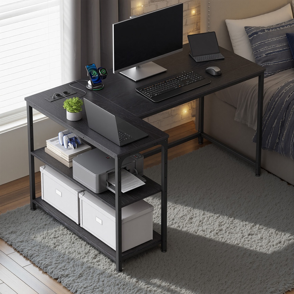 Desk with storage, L-shaped computer desk, height-adjustable shelf - Image 3