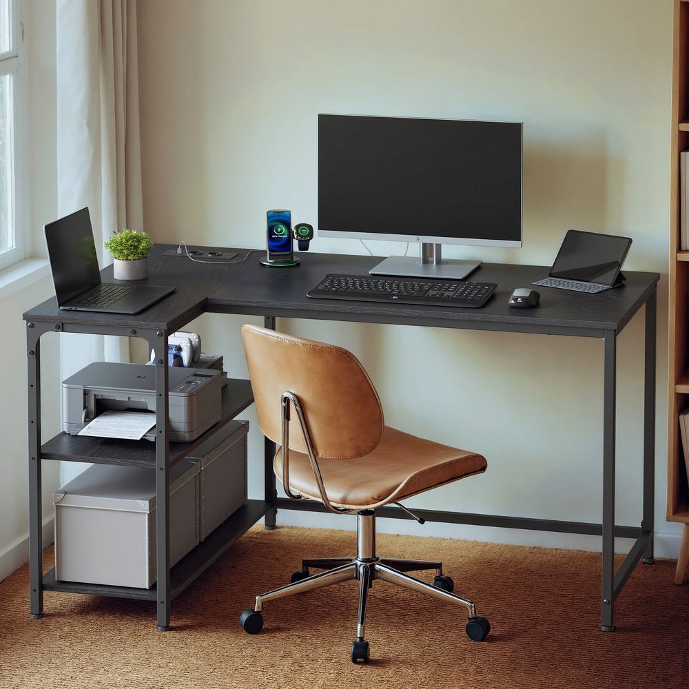 Desk with storage, L-shaped computer desk, height-adjustable shelf - Image 6