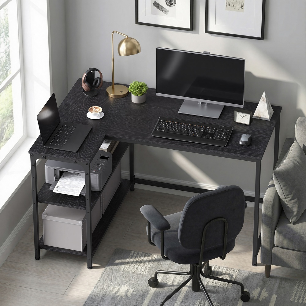 Desk with storage, L-shaped computer desk, height-adjustable shelf - Image 4