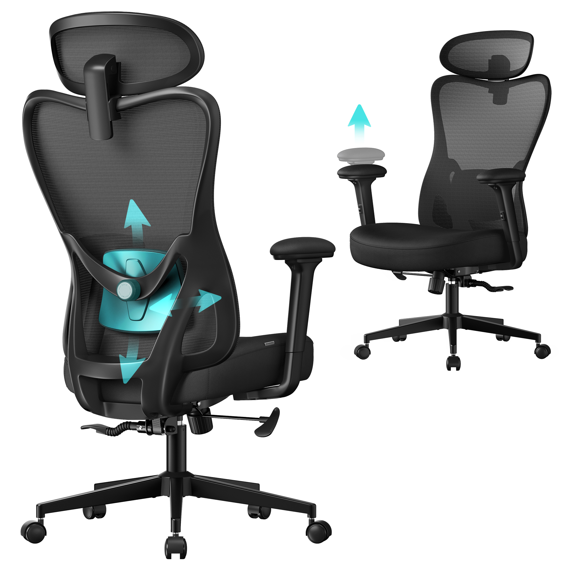SONGMICS Ergonomic Office Chair, Adjustable Headrest and Lumbar Support, Supports up to 150 kg, Adjustable Height, Ink Black