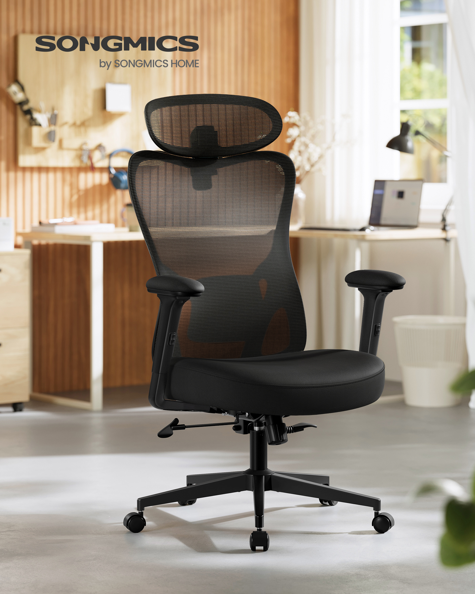 SONGMICS Ergonomic Office Chair, Adjustable Headrest and Lumbar Support, Supports up to 150 kg, Adjustable Height, Ink Black - Image 2