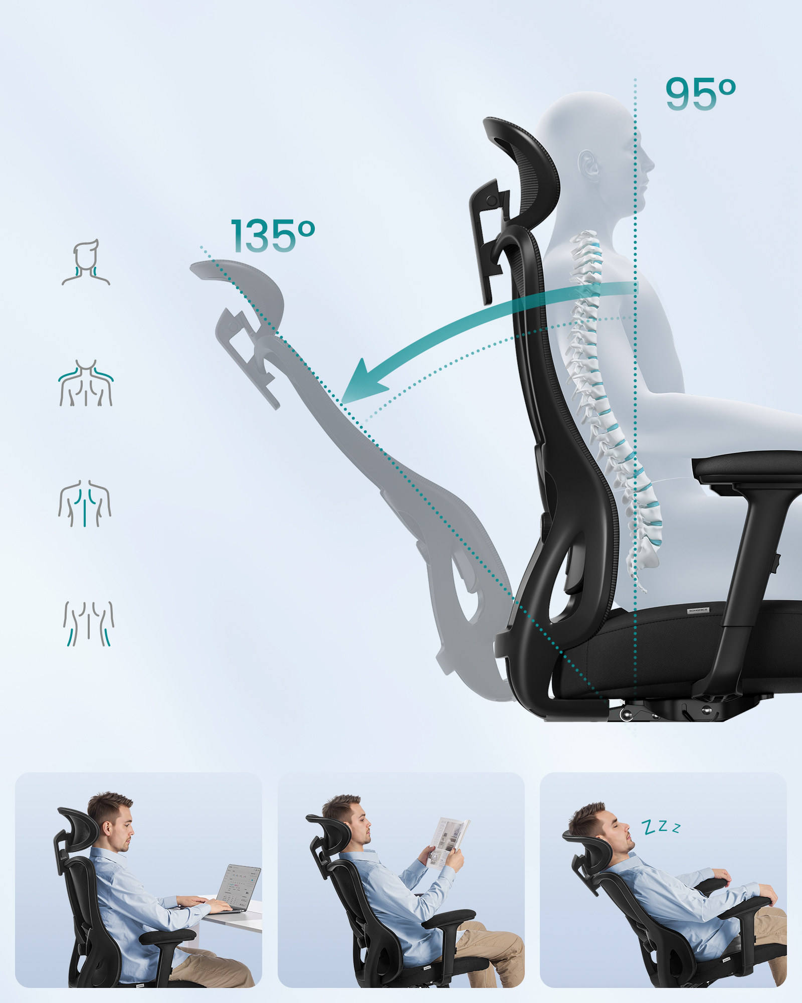 SONGMICS Ergonomic Office Chair, Adjustable Headrest and Lumbar Support, Supports up to 150 kg, Adjustable Height, Ink Black - Image 4