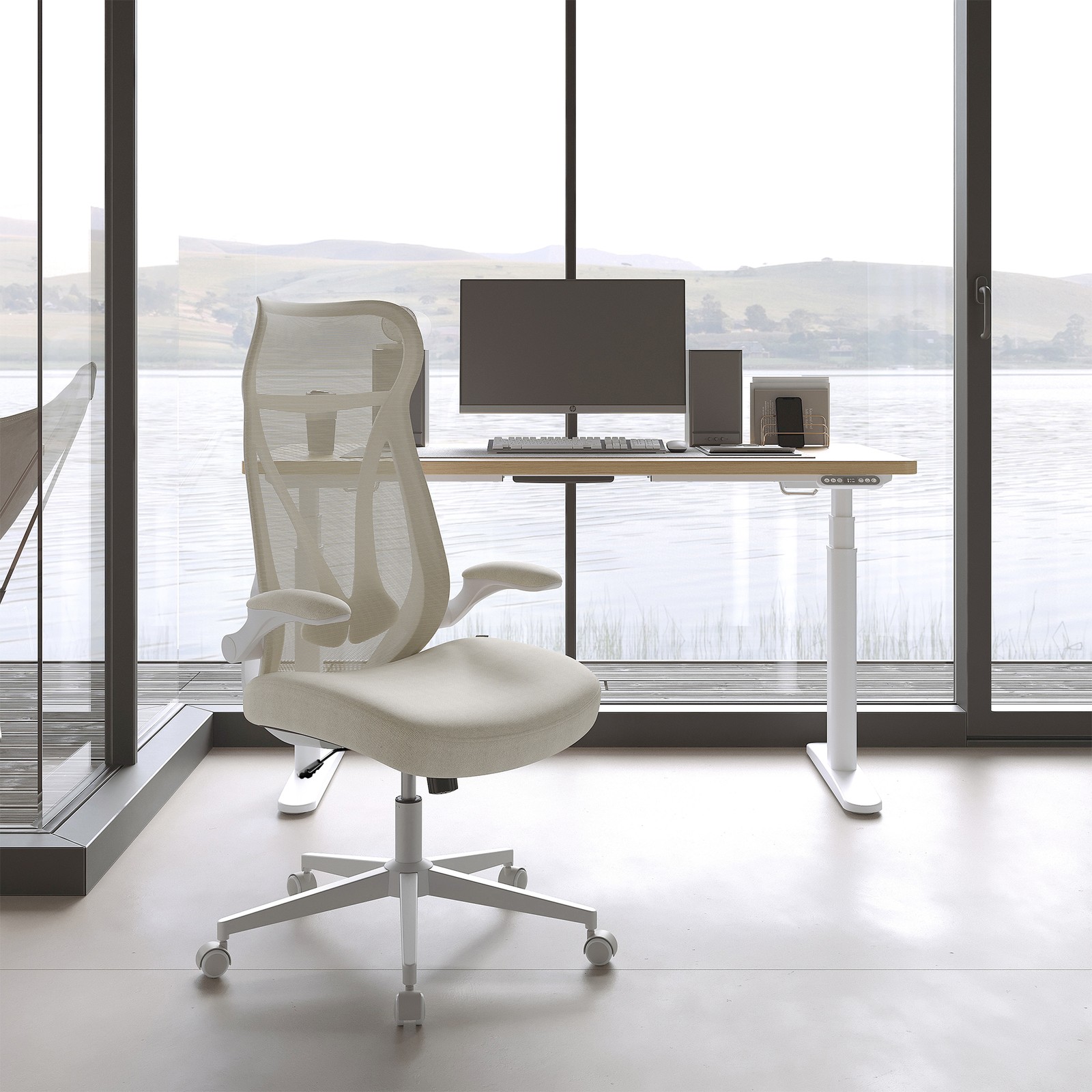 SONGMICS Office Chair, Desk Chair, Ergonomic Backrest, Height-Adjustable, Fold-Up Armrests, Swivel Chair with Headrest, Weight Capacity Up to 150 kg, Ink Black - Image 5