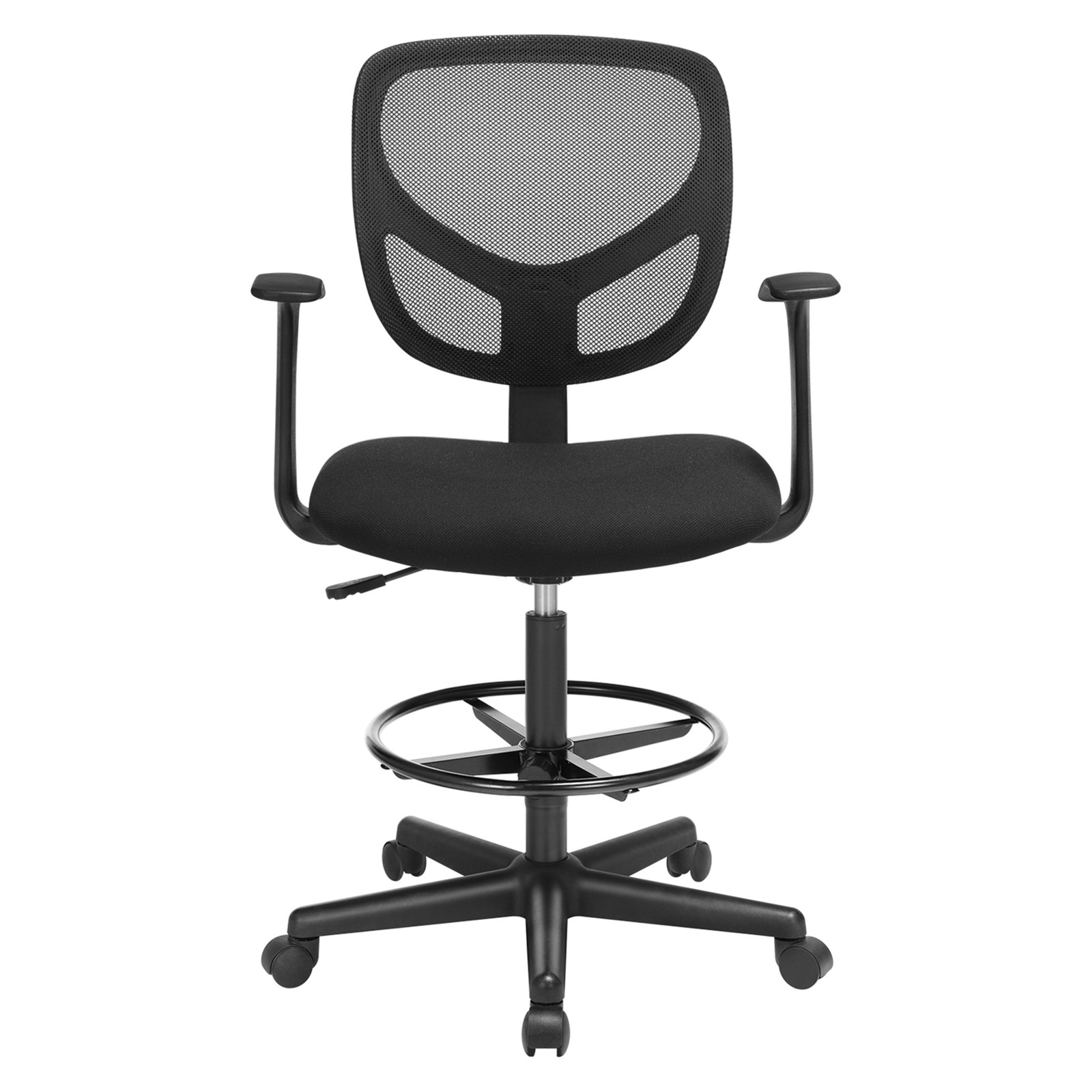 SONGMICS Office Chair, Ergonomic Work Stool with Armrests, Seat Height 55–75 cm, High Work Chair with Adjustable Footrest, Weight Capacity 120 kg, Black