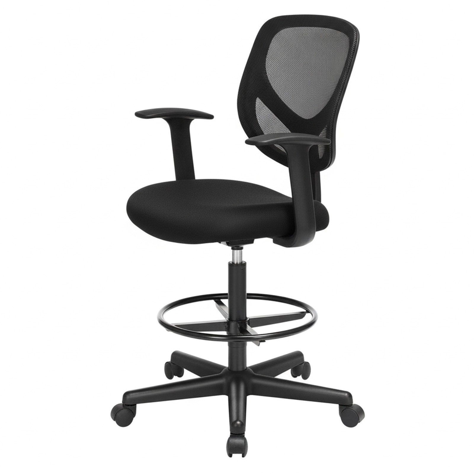 SONGMICS Office Chair, Ergonomic Work Stool with Armrests, Seat Height 55–75 cm, High Work Chair with Adjustable Footrest, Weight Capacity 120 kg, Black - Image 2