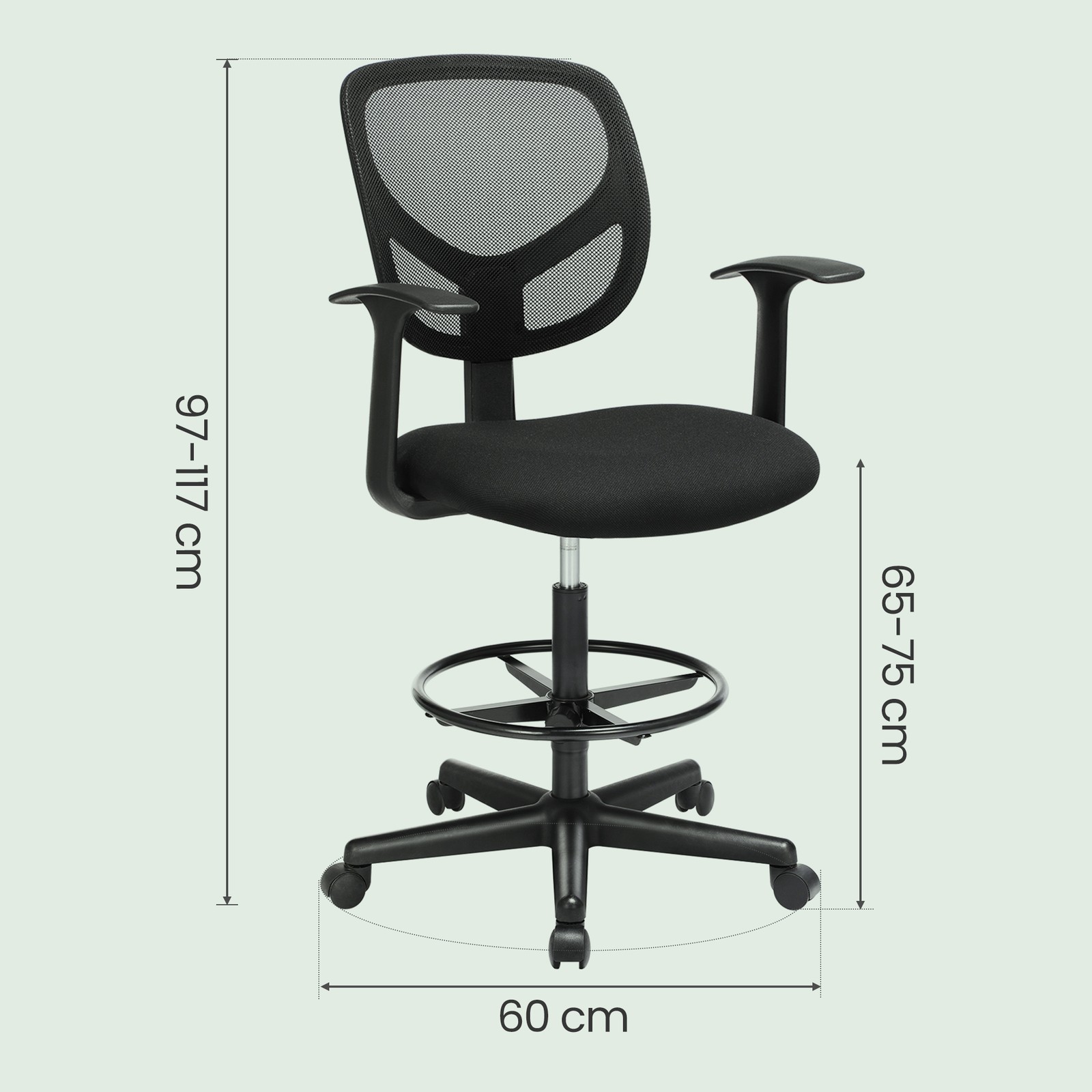 SONGMICS Office Chair, Ergonomic Work Stool with Armrests, Seat Height 55–75 cm, High Work Chair with Adjustable Footrest, Weight Capacity 120 kg, Black - Image 3