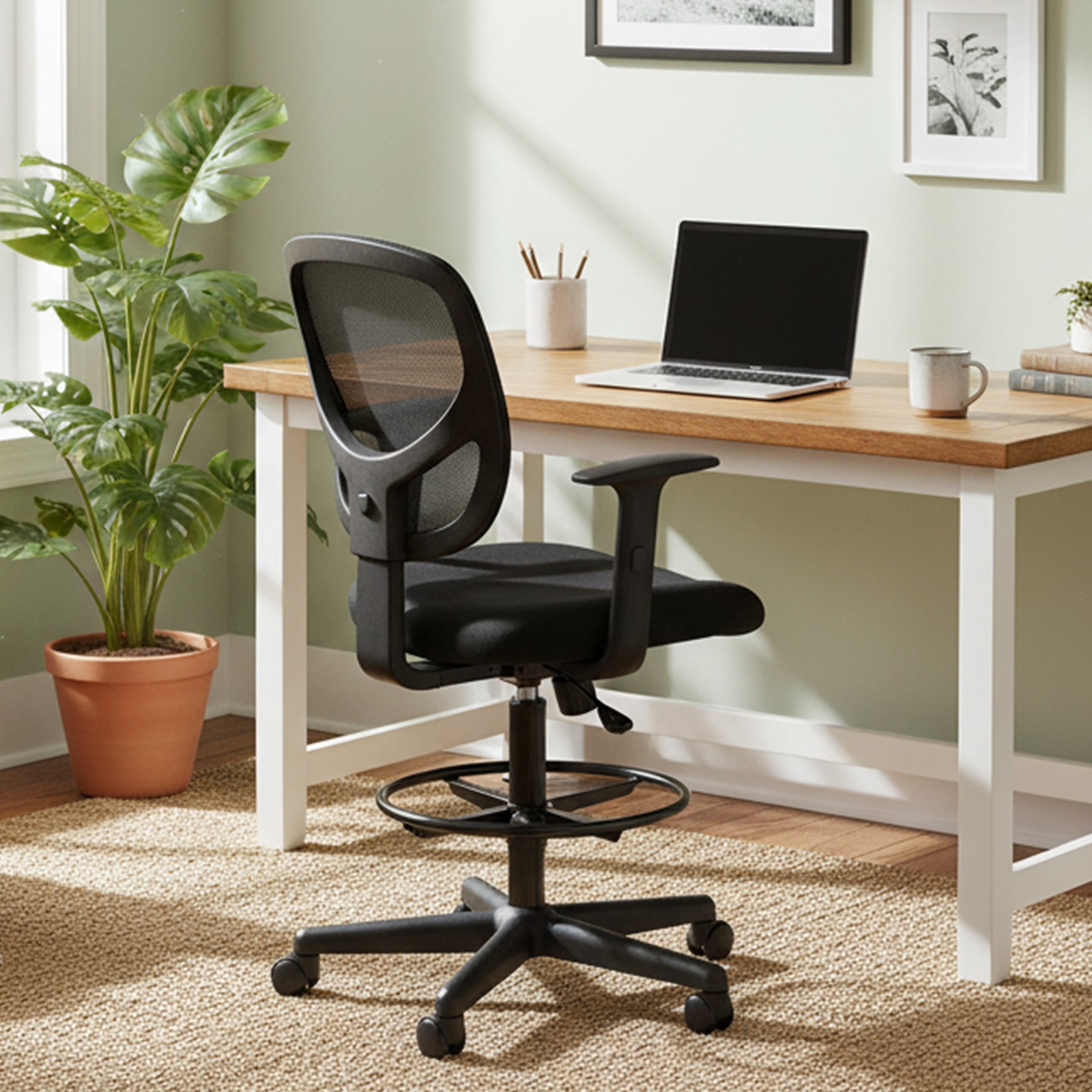 SONGMICS Office Chair, Ergonomic Work Stool with Armrests, Seat Height 55–75 cm, High Work Chair with Adjustable Footrest, Weight Capacity 120 kg, Black - Image 4