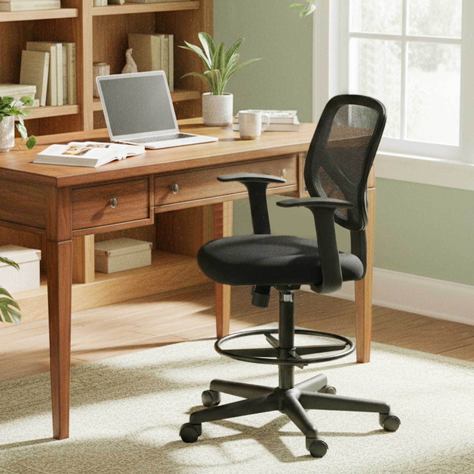 SONGMICS Office Chair, Ergonomic Work Stool with Armrests, Seat Height 55–75 cm, High Work Chair with Adjustable Footrest, Weight Capacity 120 kg, Black - Image 5