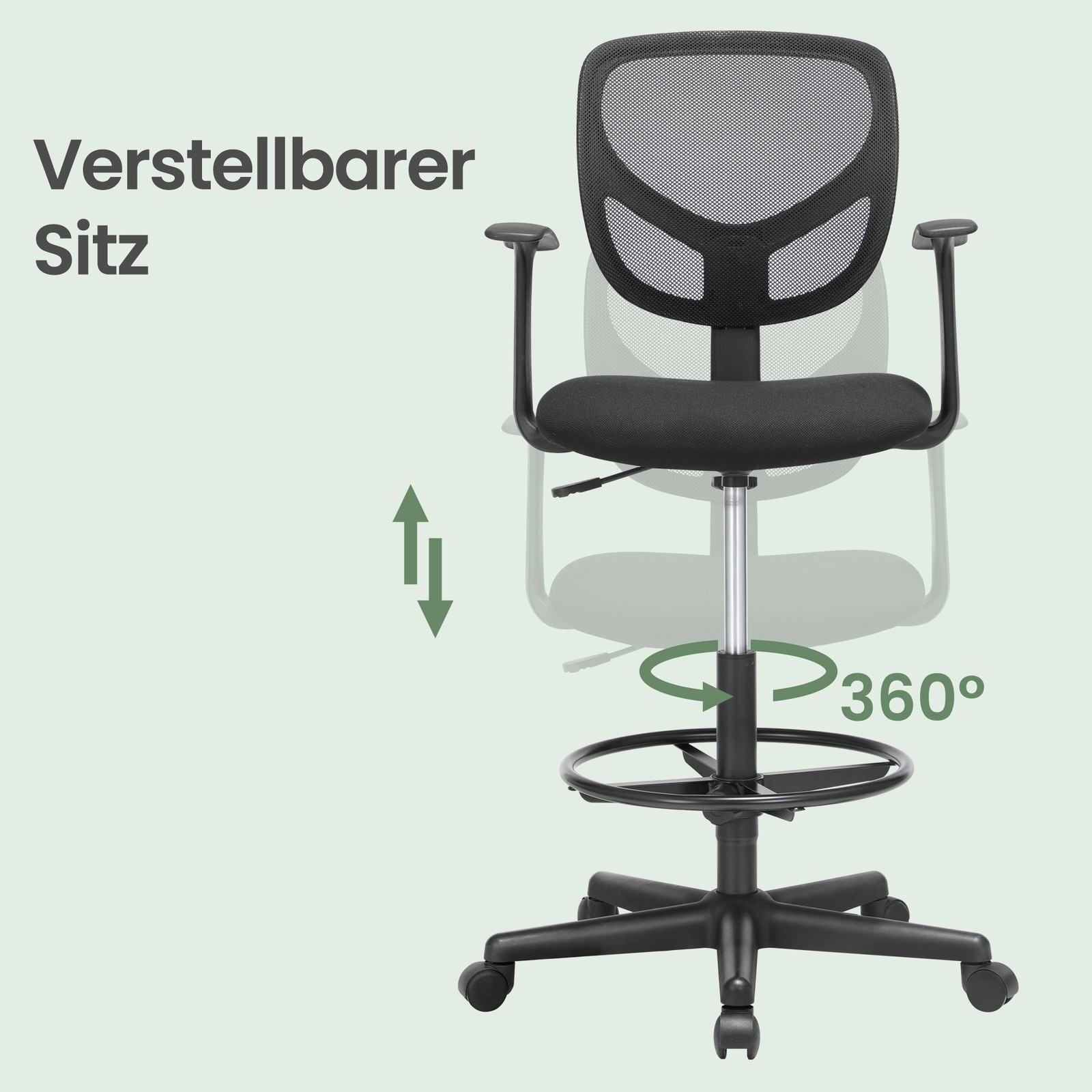 SONGMICS Office Chair, Ergonomic Work Stool with Armrests, Seat Height 55–75 cm, High Work Chair with Adjustable Footrest, Weight Capacity 120 kg, Black - Image 7