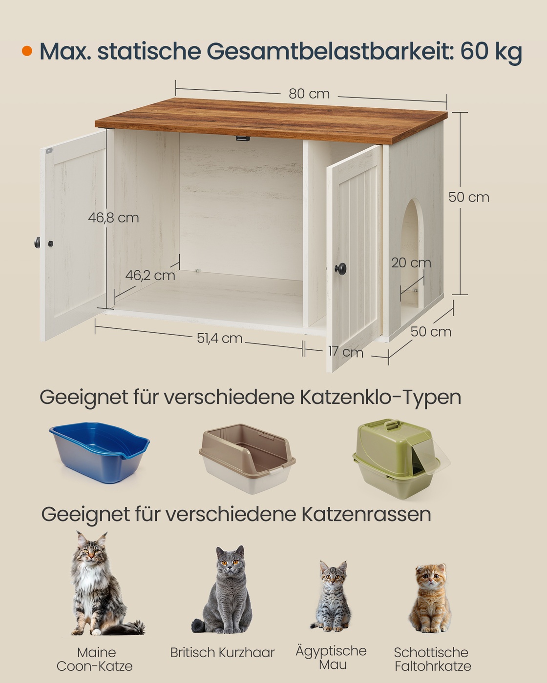 SONGMICS HOME kattebakke-skab, værktøjsfri teknologi, superhurtig værktøjsfri montering, katteskab, push-to-open-låger, kattehus, vintagehvid-honningbrun - Billede 4