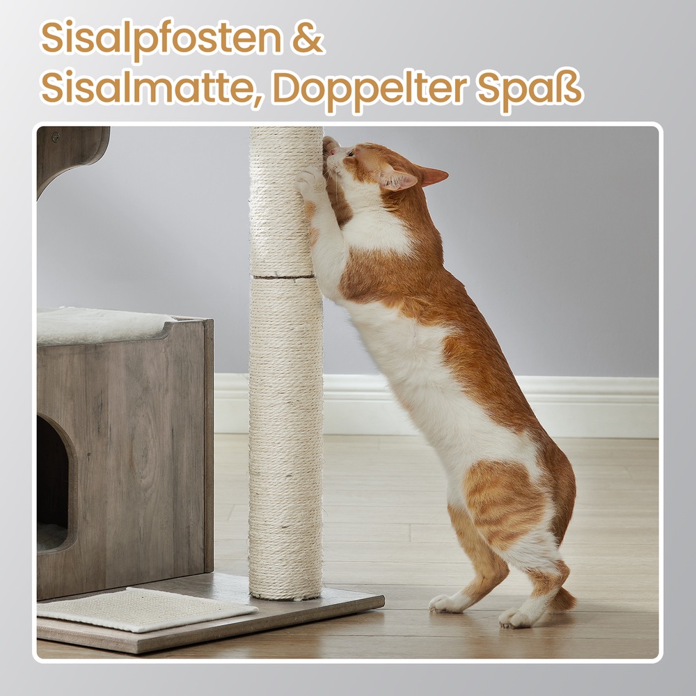 Feandrea kradsetræ 88 cm, mellemstort kradsetræ med 3 liggeflader og hule, katte møbler af MDF med træfiner, sisalstamme, vaskbare hynder i imiteret pels, vintagebrun, hvid - Billede 7
