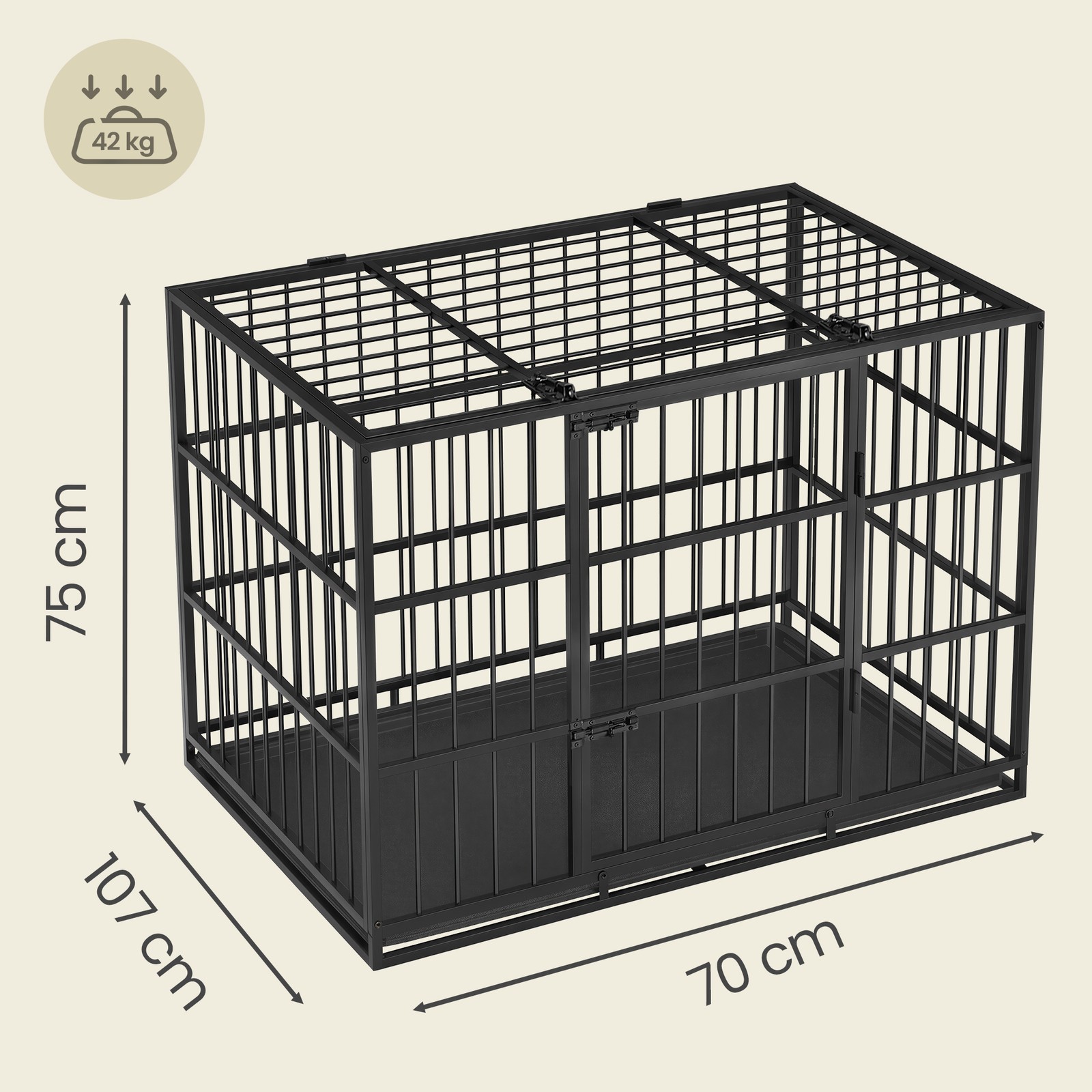 Feandrea Heavy-Duty Dog Cage, Dog Crate, 107 x 70 x 75 cm, for medium and large dogs, with removable tray, double doors, easy to clean, pet cage, jet black - Image 4