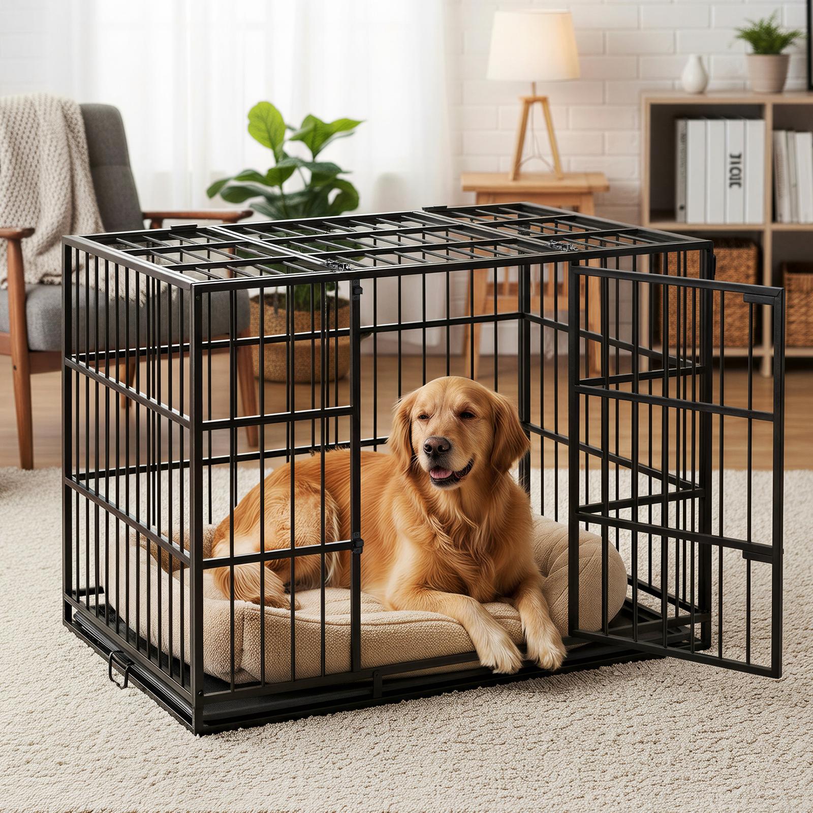 Feandrea Heavy-Duty Dog Cage, Dog Crate, 107 x 70 x 75 cm, for medium and large dogs, with removable tray, double doors, easy to clean, pet cage, jet black - Image 2