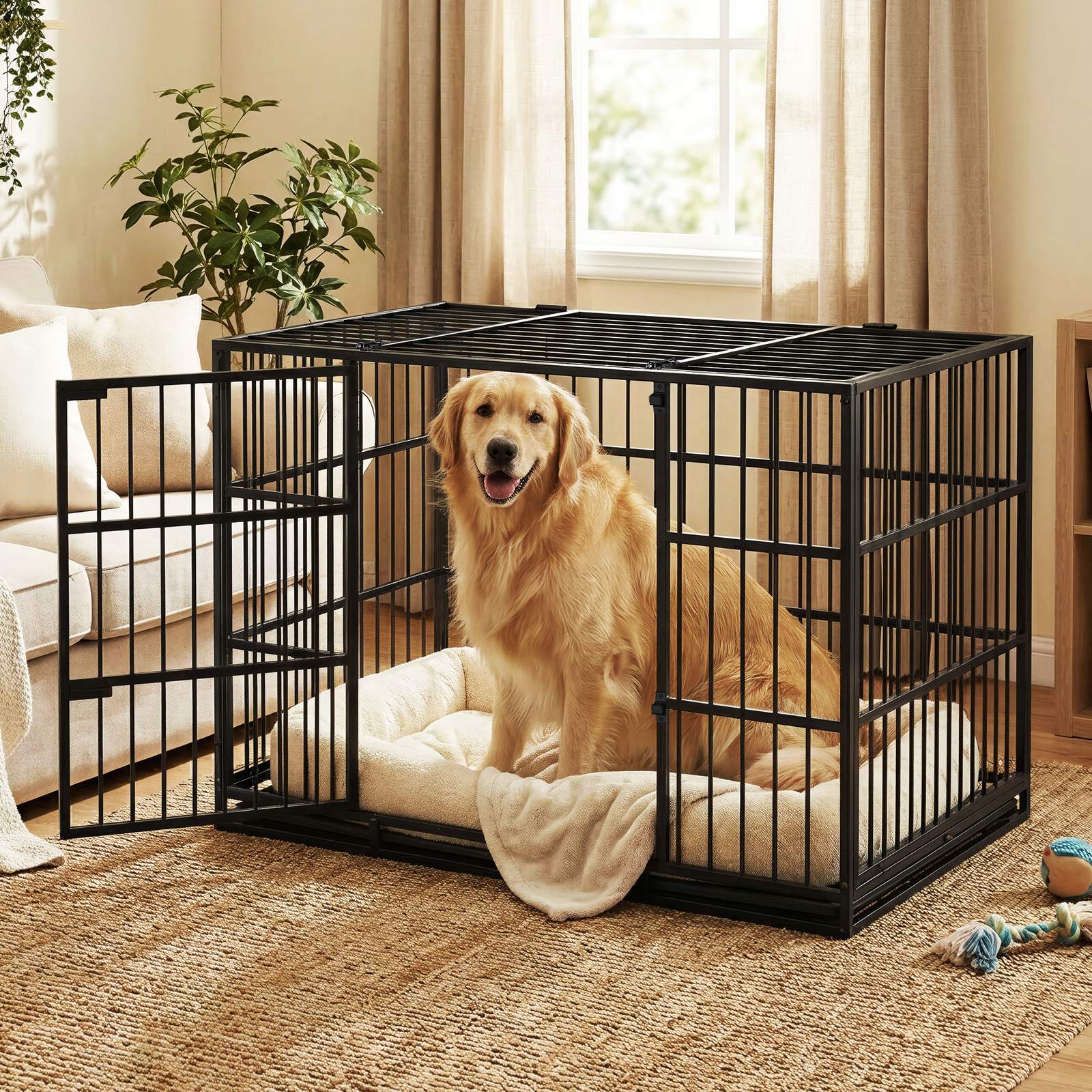 Feandrea Heavy-Duty Dog Cage, Dog Crate, 107 x 70 x 75 cm, for medium and large dogs, with removable tray, double doors, easy to clean, pet cage, jet black - Image 5