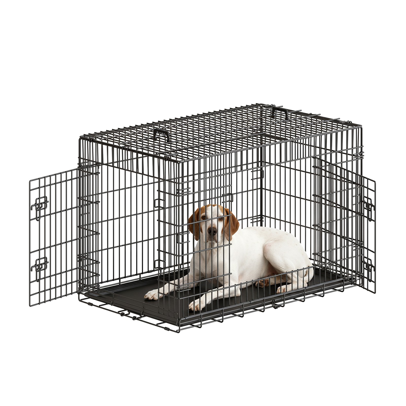 Hundebur, sammenklappelig hundeboks, med 2 døre, udtrækkelig plastskål, 122 x 74,5 x 80,5 cm, XXL, sort - Billede 2