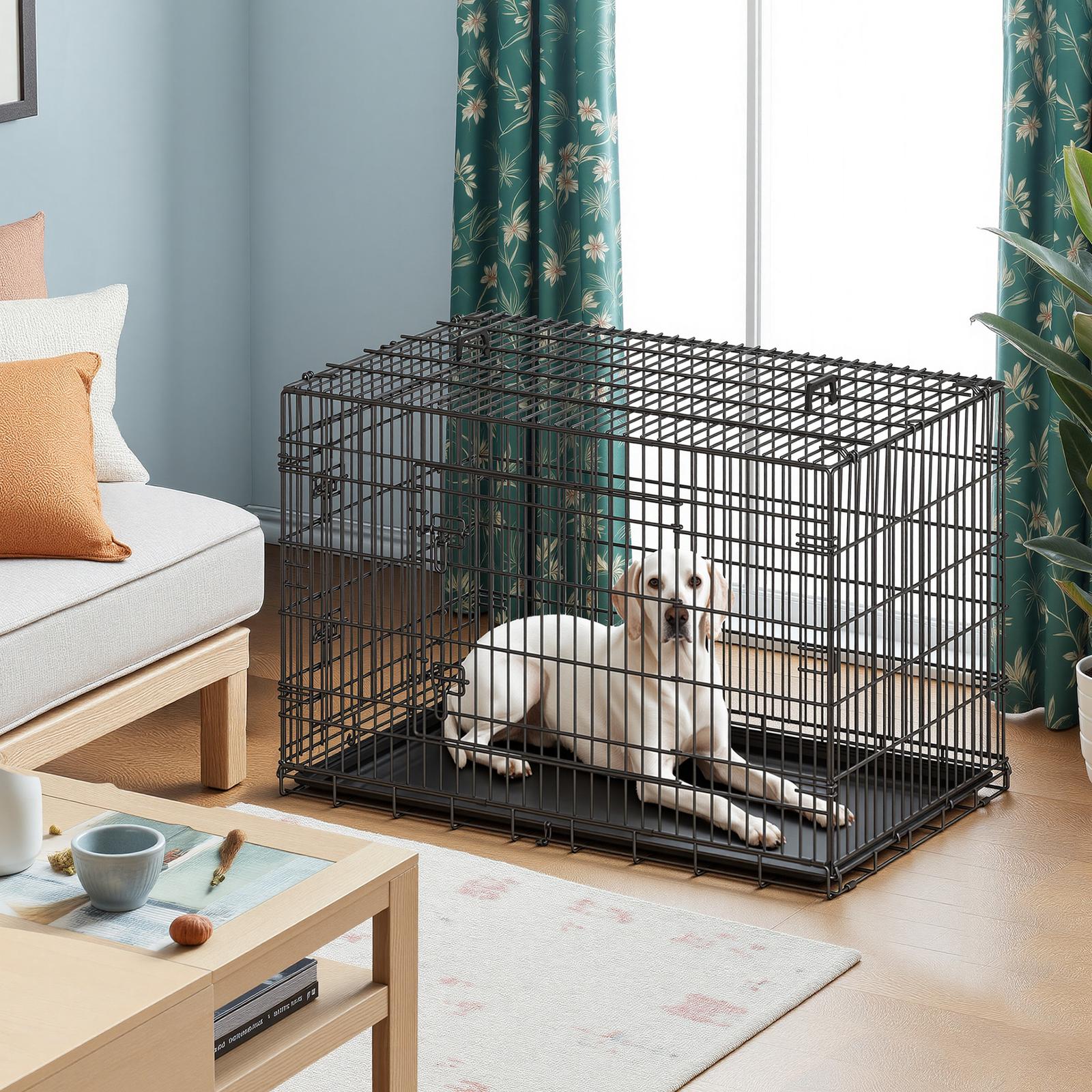 Hundebur, sammenklappelig hundeboks, med 2 døre, udtrækkelig plastskål, 122 x 74,5 x 80,5 cm, XXL, sort - Billede 4
