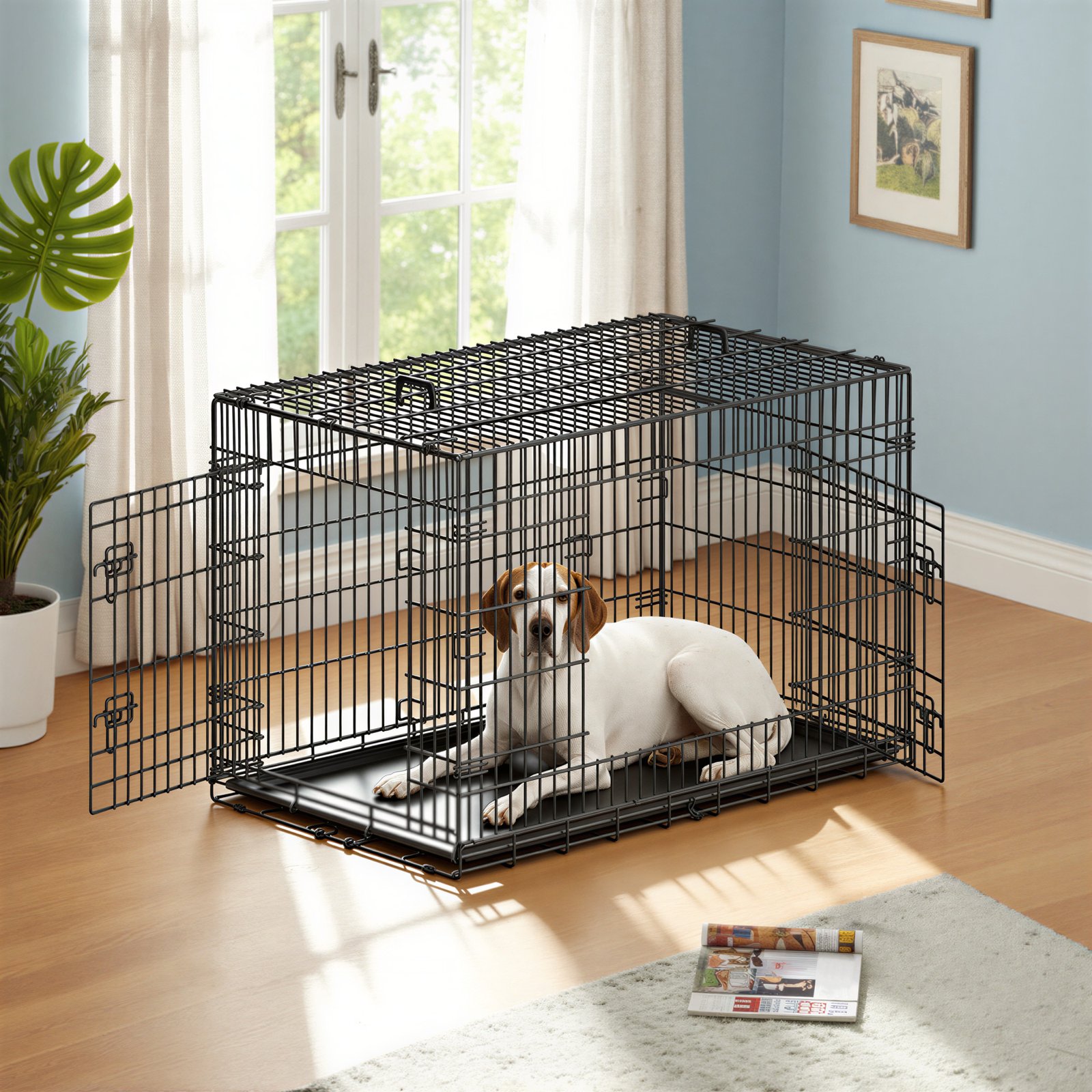 Hundebur, sammenklappelig hundeboks, med 2 døre, udtrækkelig plastskål, 122 x 74,5 x 80,5 cm, XXL, sort - Billede 5