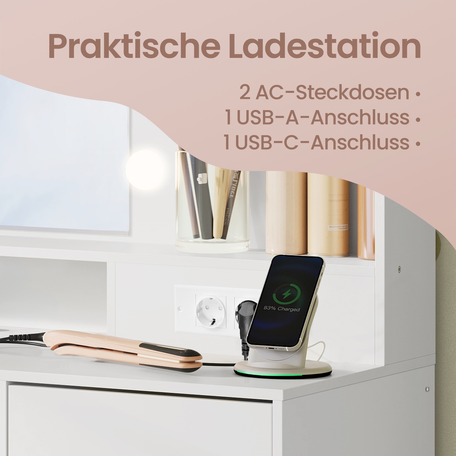 Sminkebord med spejl og belysning, opladestation - Billede 7