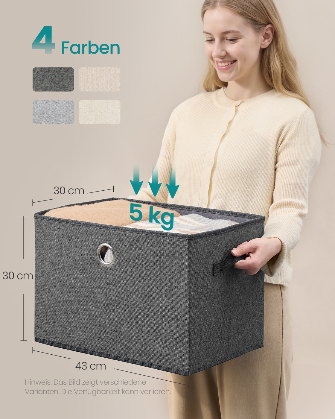 SONGMICS opbevaringskasser med låg, sæt med 3 stk., opbevaringskasser, PP-plader, lugtfri, sammenklappelig, stabelbar, stofkasser med håndtag, 43 x 30 x 30 cm, skifergrå - Billede 6