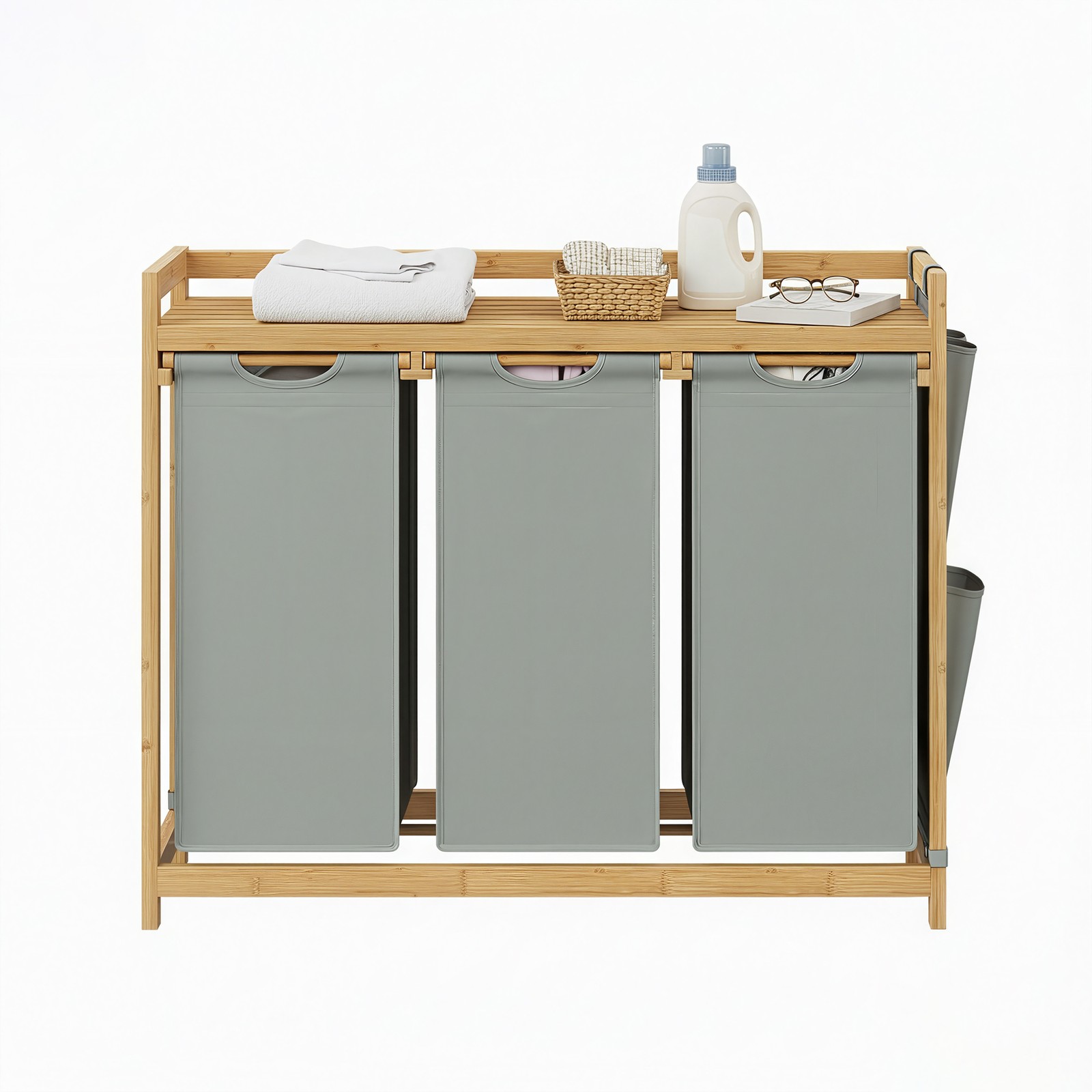 Laundry basket with 3 compartments, bamboo, 150 L