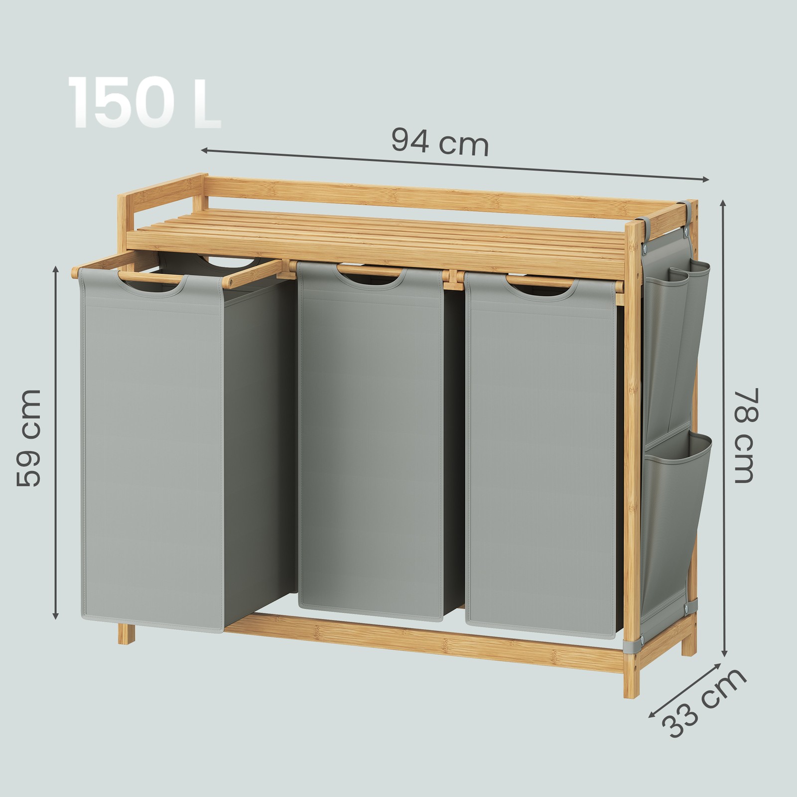 Laundry basket with 3 compartments, bamboo, 150 L - Image 3