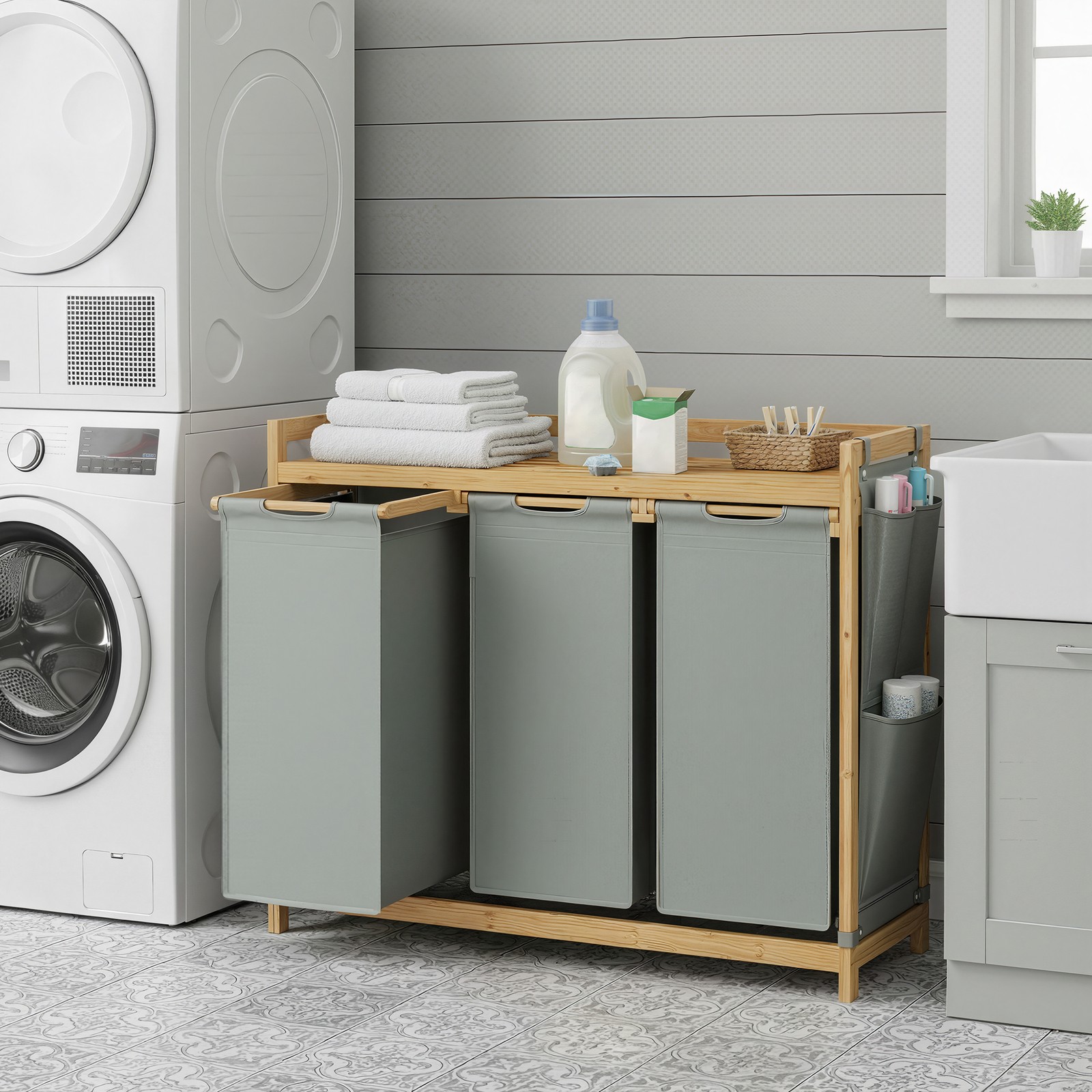 Laundry basket with 3 compartments, bamboo, 150 L - Image 4