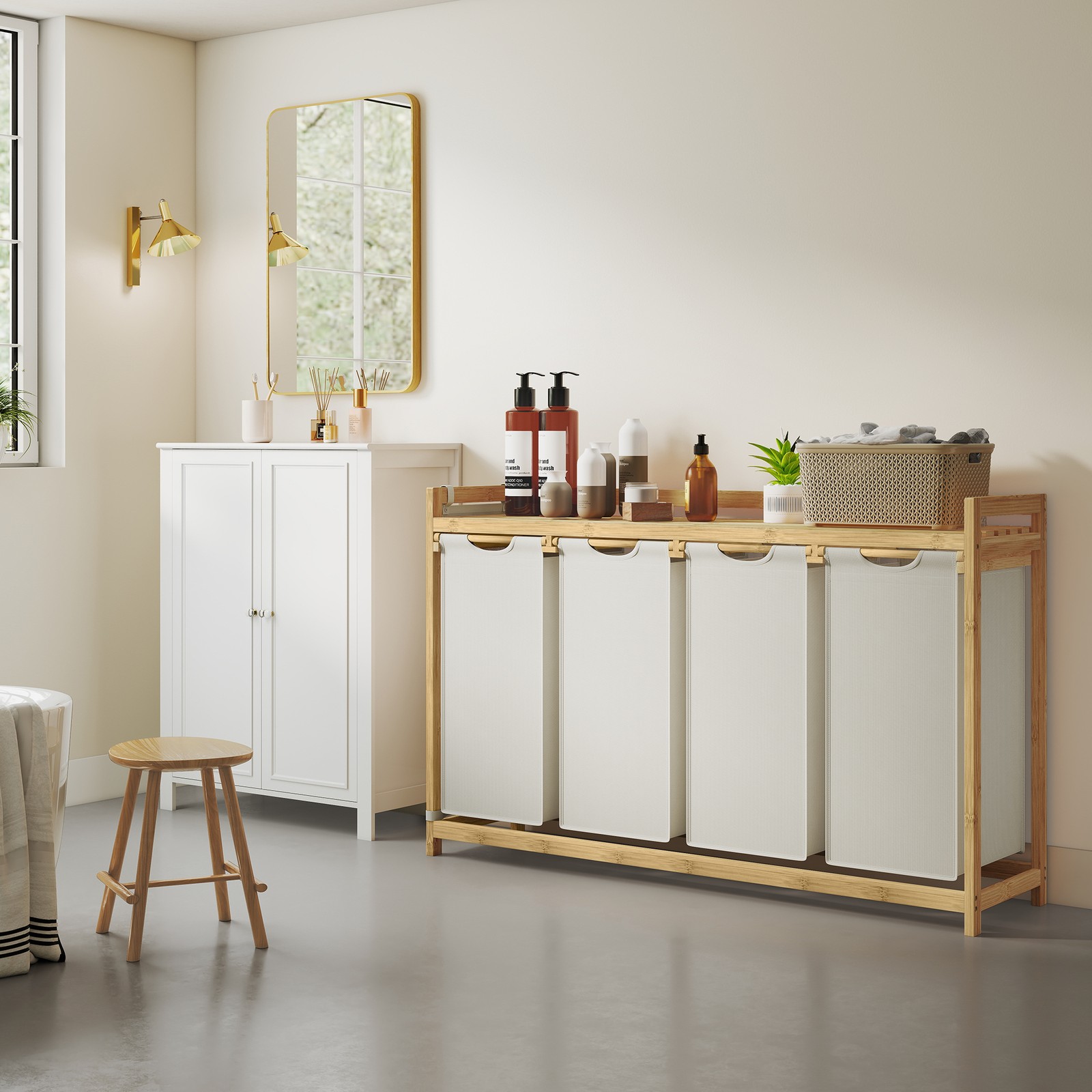 Tøjkurv med 4 rum, bambus, vasketøjskurv 200 l - Billede 5