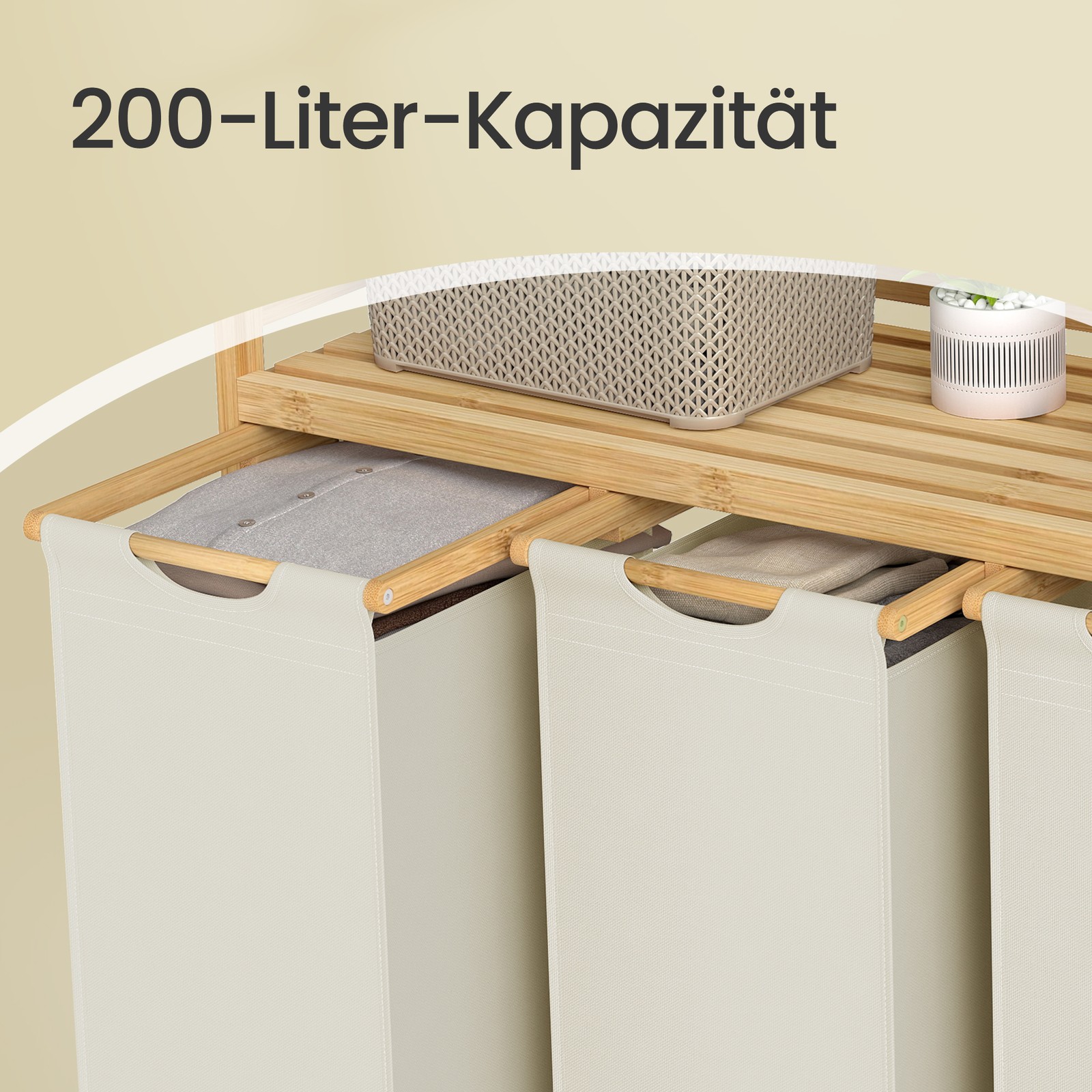 Tøjkurv med 4 rum, bambus, vasketøjskurv 200 l - Billede 6