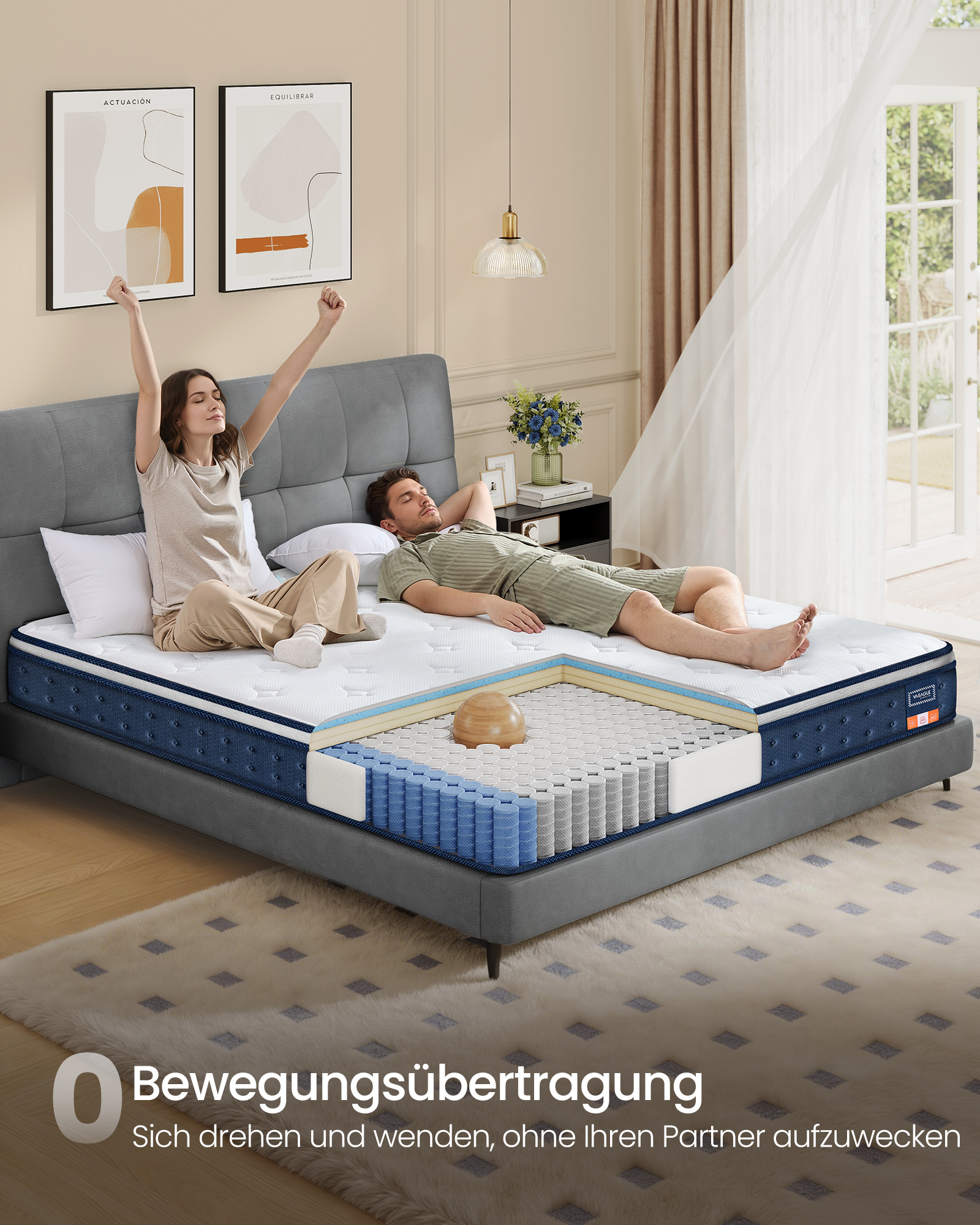 VASAGLE 90 x 200 x 20 cm Medium Fast Gel Memory Foam Pocket Spring Madrass, H3, 7-sone støtte, bevegelsesisolering, pustende trekk, blå - Bilde 3