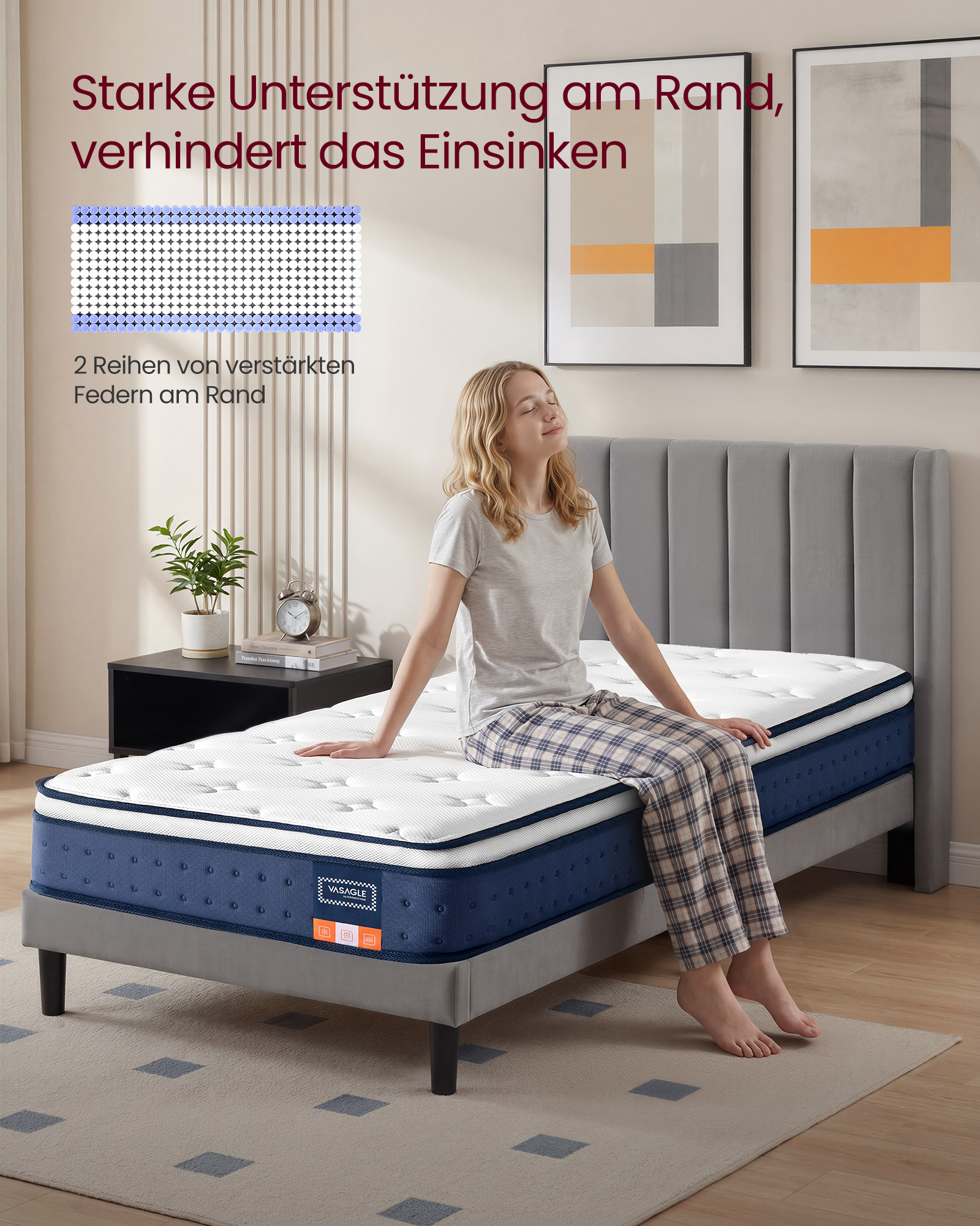 VASAGLE 90 x 200 x 20 cm Medium Fast Gel Memory Foam Pocket Spring Madrass, H3, 7-sone støtte, bevegelsesisolering, pustende trekk, blå - Bilde 6