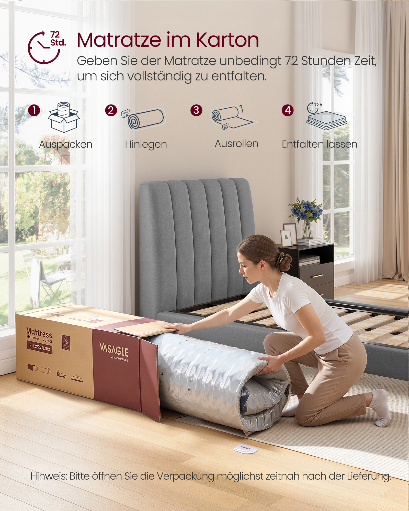 VASAGLE 90 x 200 x 20 cm Medium Fast Gel Memory Foam Pocket Spring Madrass, H3, 7-sone støtte, bevegelsesisolering, pustende trekk, blå - Bilde 7