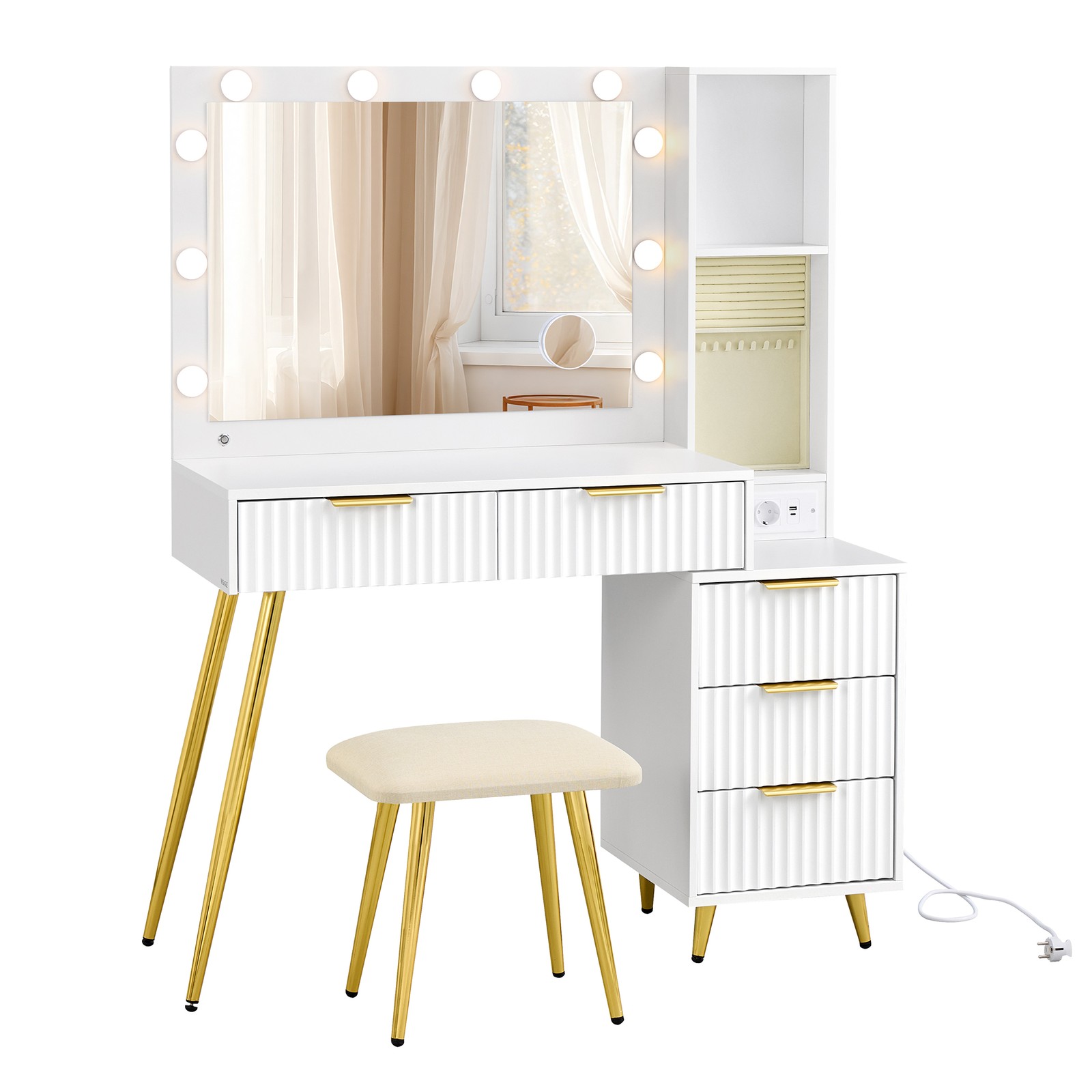Vanity table with stool, dressing table with mirror, drawers