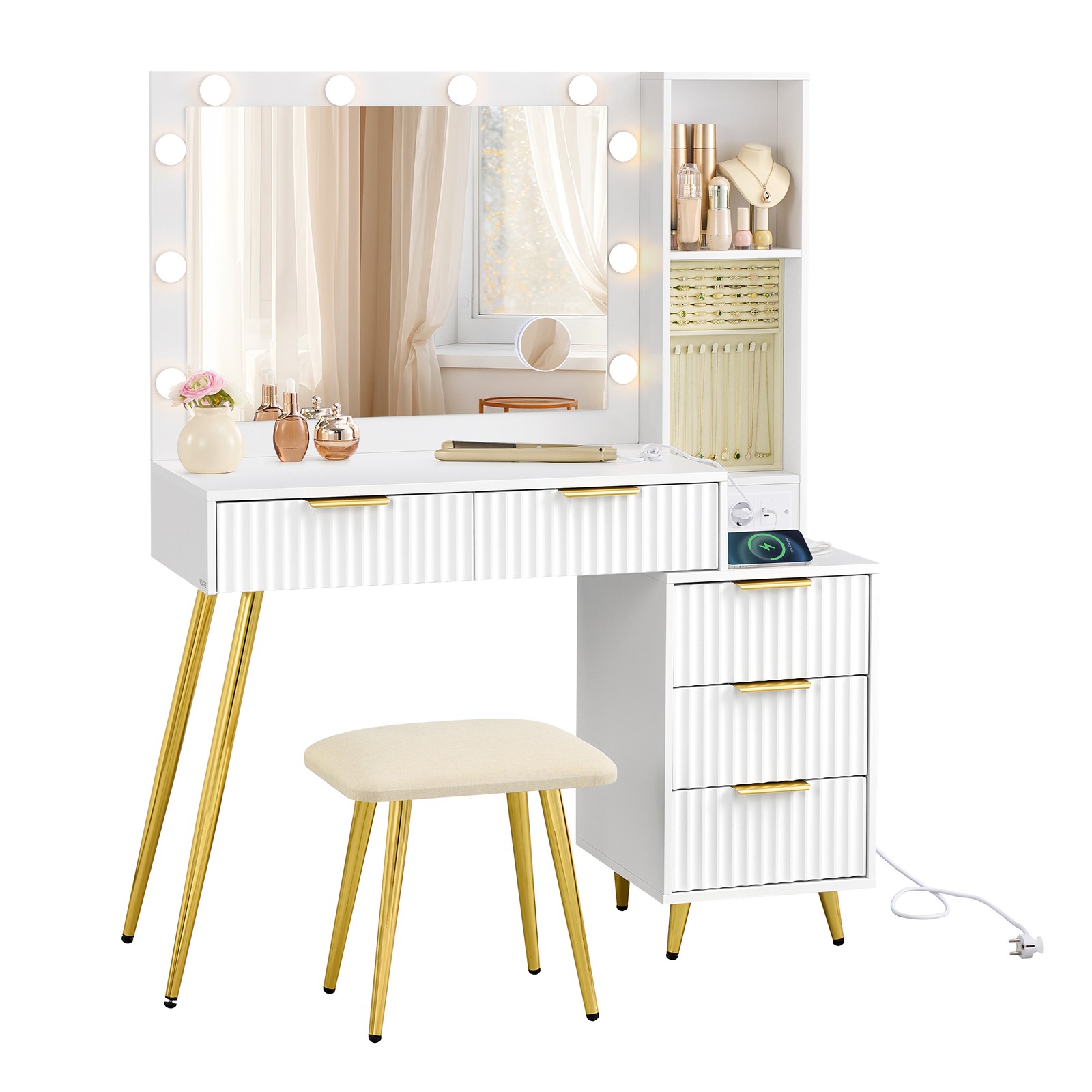 Vanity table with stool, dressing table with mirror, drawers - Image 2