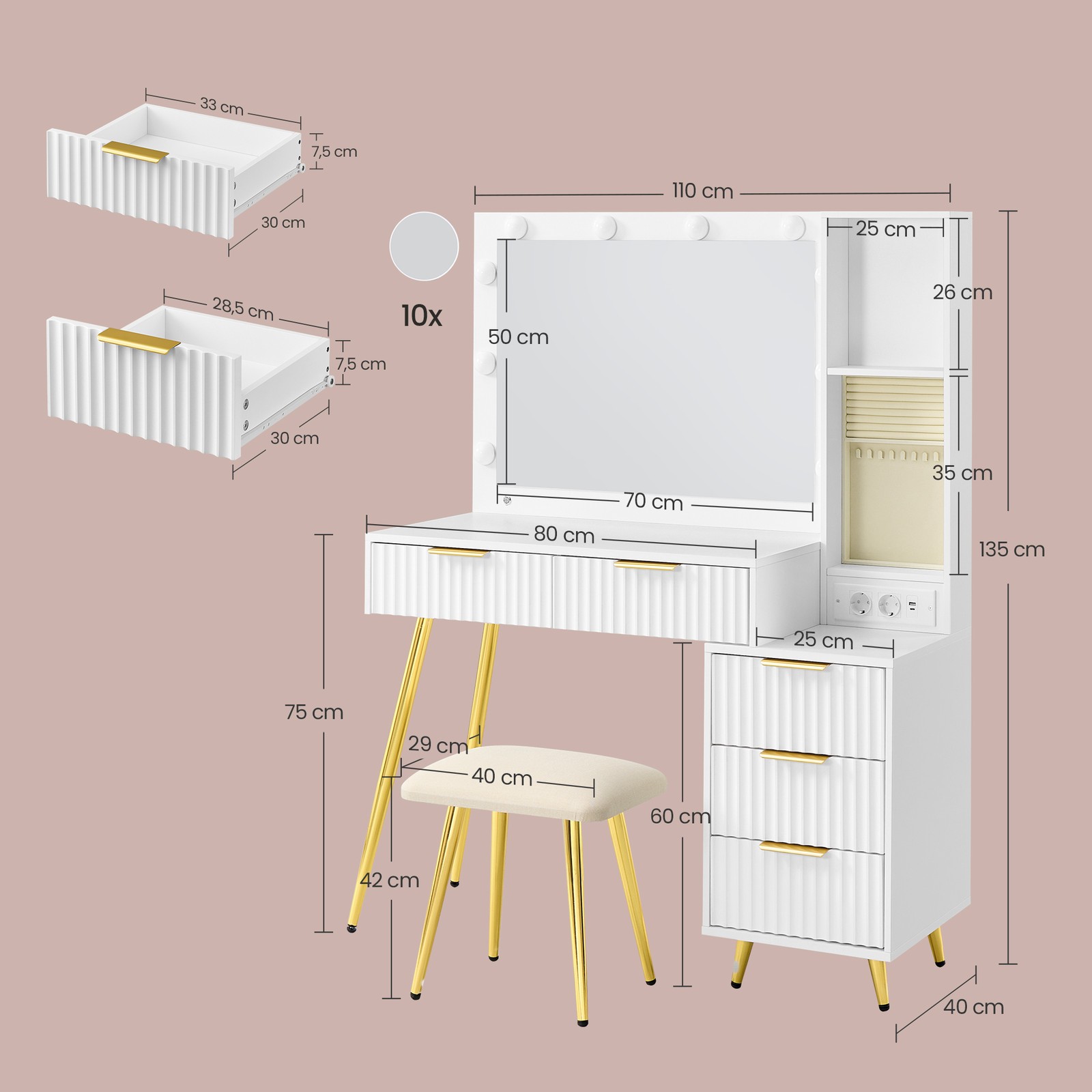 Vanity table with stool, dressing table with mirror, drawers - Image 3
