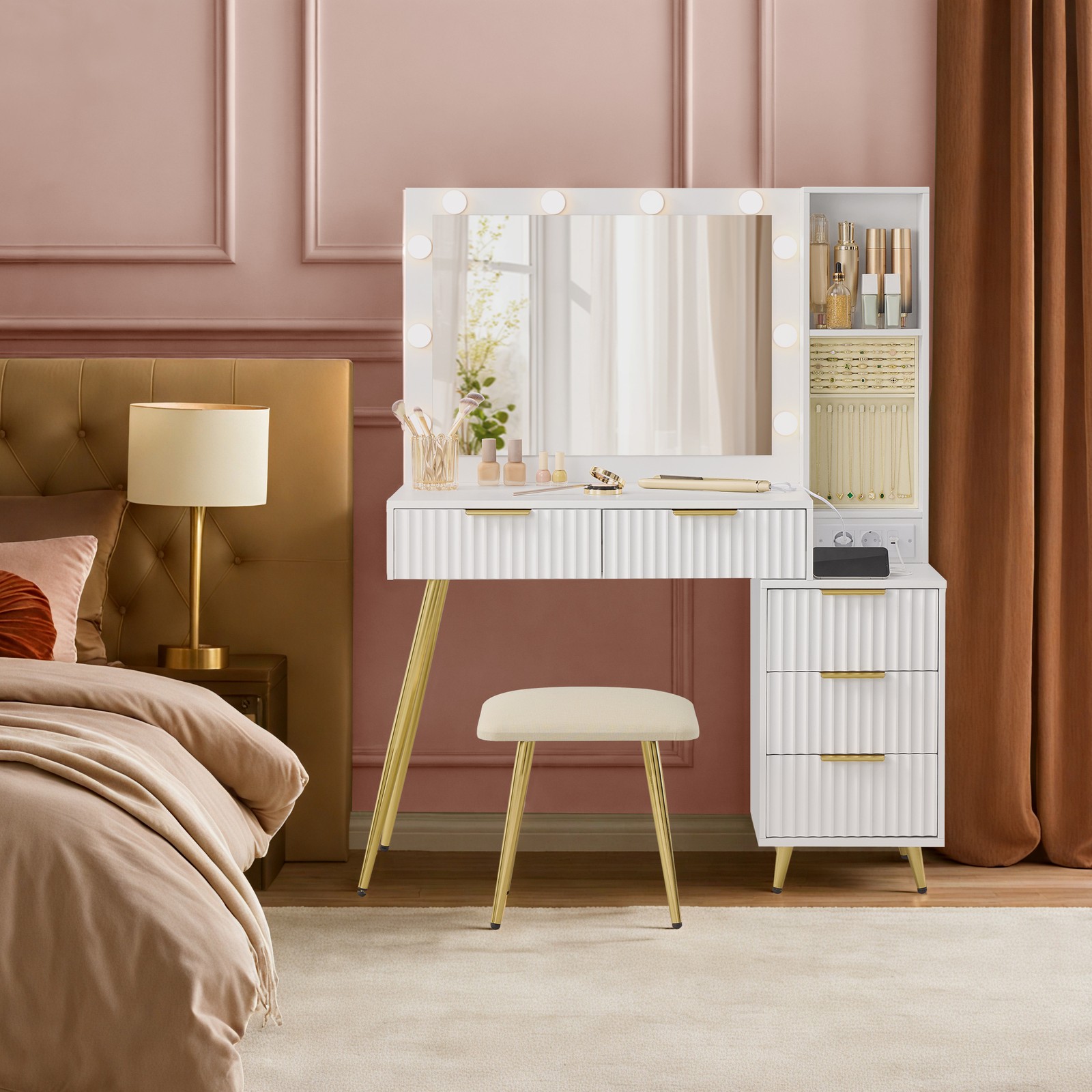 Vanity table with stool, dressing table with mirror, drawers - Image 5