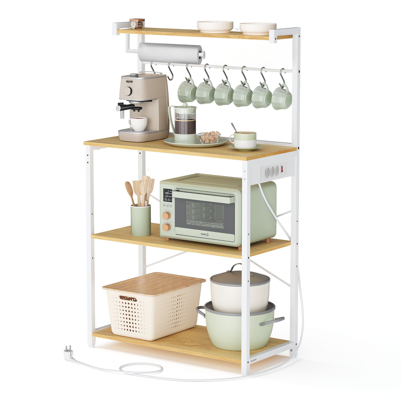 4-tier freestanding shelf, kitchen shelf with charging station, 8 hooks - Image 7