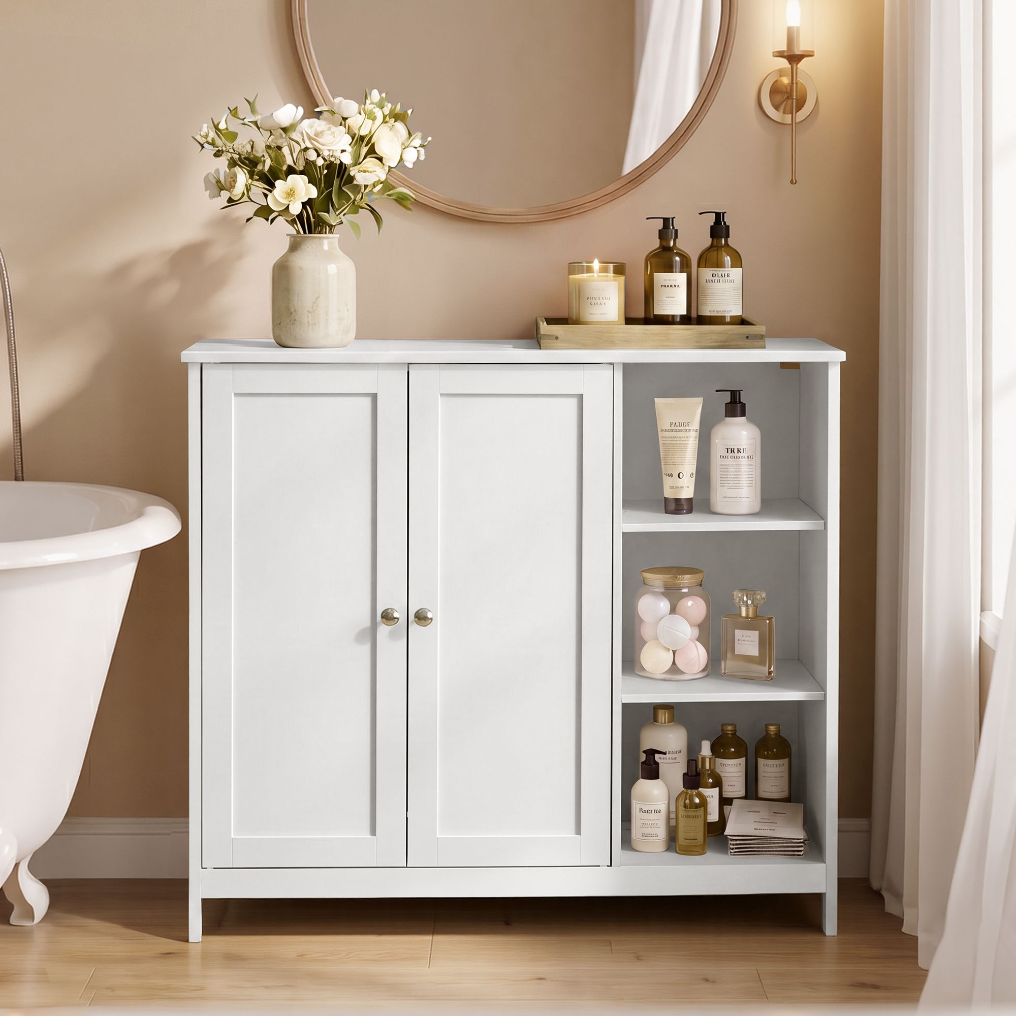 Bathroom cabinet with 2 doors and open shelves, 90 x 30 x 80 cm