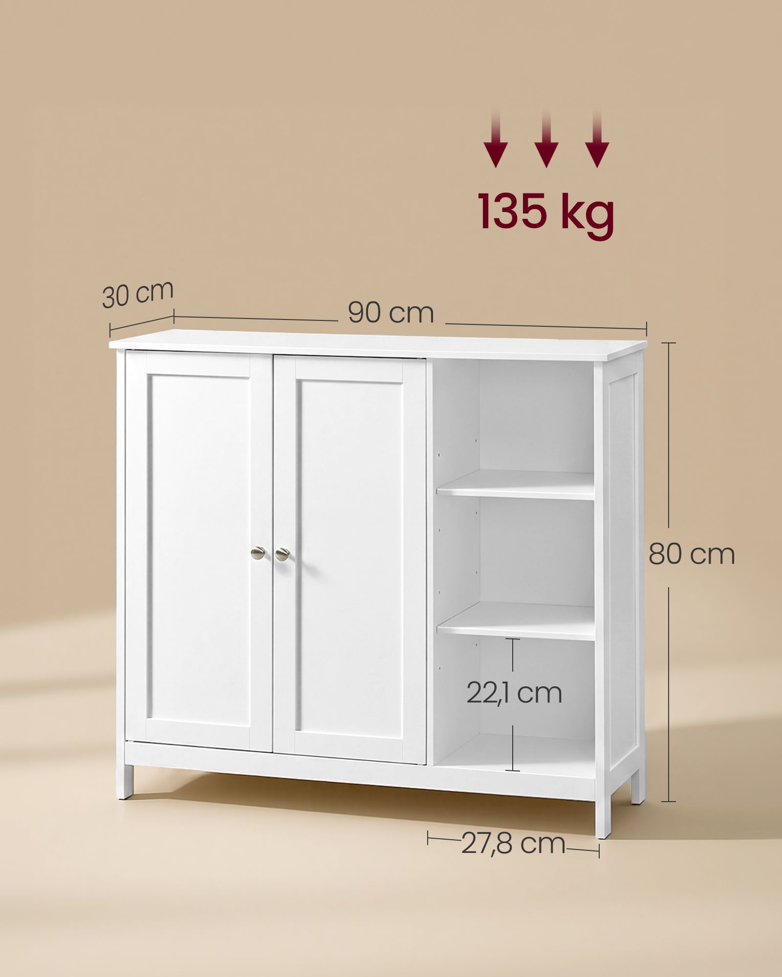 Badeværelsesskab med 2 døre og åbne hylder 90 x 30 x 80 cm - Billede 5