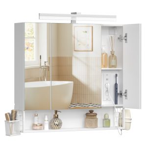 White mirror cabinet, 80 x 16.5 x 75 cm, 3 mirrored doors, lighting