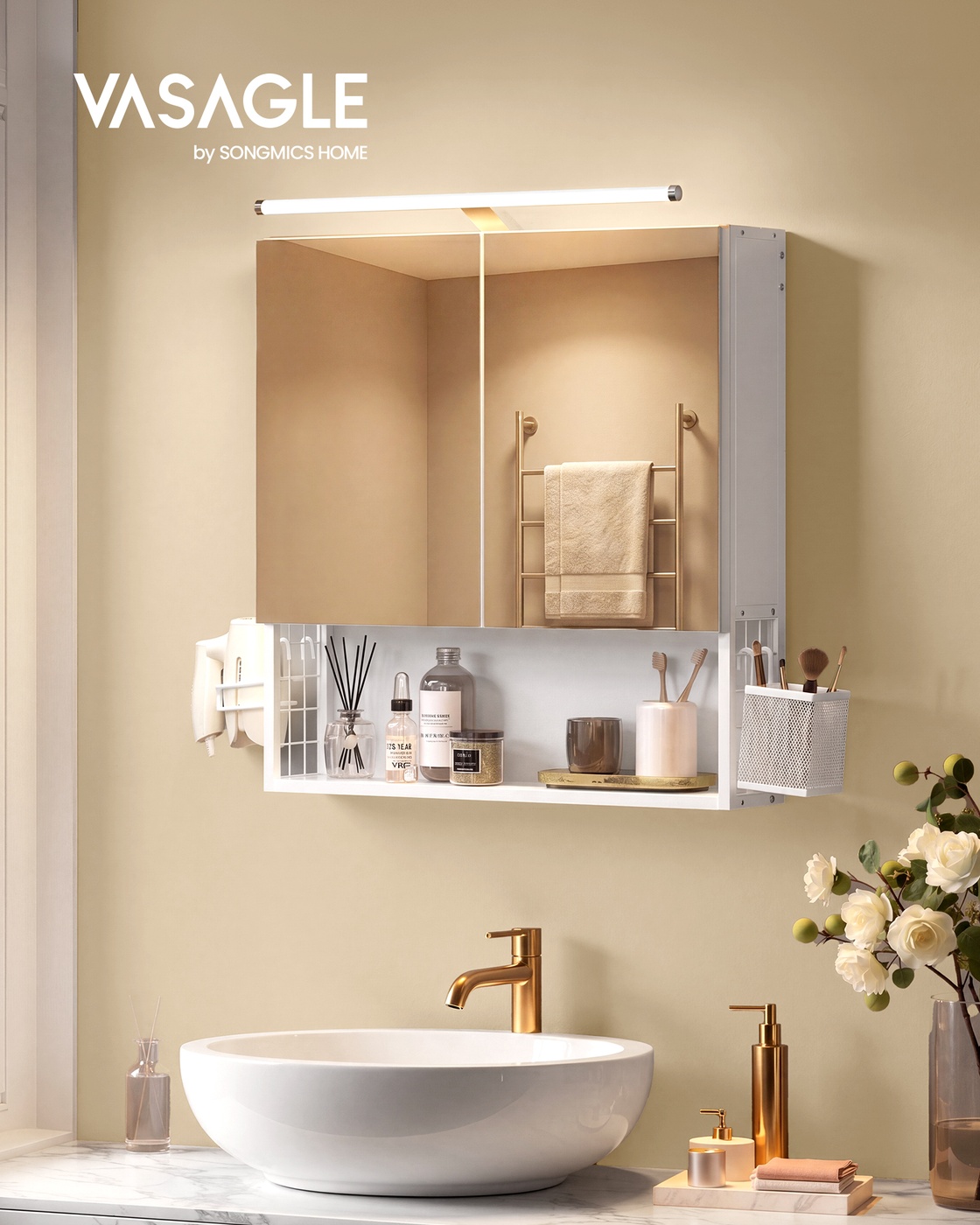 Cloud white mirror cabinet 13 x 56 x 58 cm, 2 mirrored doors, lighting