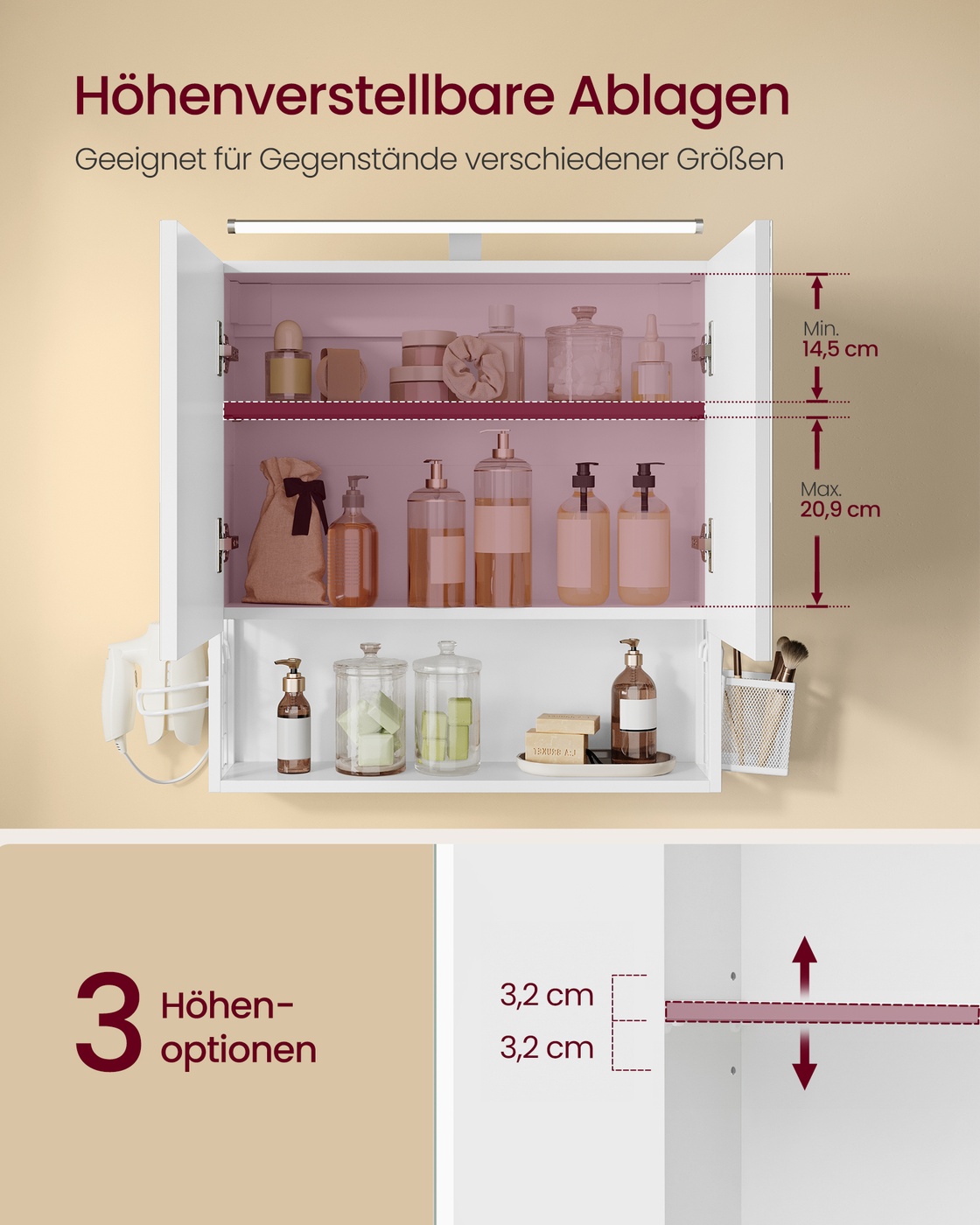 Cloud white mirror cabinet 13 x 56 x 58 cm, 2 mirrored doors, lighting